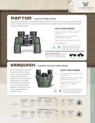 15BINOCULARS|
raptor b i n o c u l a r s
vanquish b i n o c u l a r s
>> Visit www.vortexbirding.com
>> Visit www.vortexbirding.com
MAGNIFICATION x
OBJECTIVE LENS
EYE RELIEF
ADJUSTMENT
CLOSE FOCUS
DISTANCE
FIELD OF VIEW
1000 YARDS / DEGREES
WEIGHT HEIGHT x
WIDTH
INTERPUPILLARY
DISTANCE
10 x 26 16.0 mm 7.6’ 294’ / 5.6° 12.7 oz 4.7 x 4.4” 57–71 mm
8 x 26 15.0 mm 7.6’ 352’ / 6.7° 12.7 oz 4.7 x 4.4” 57–71 mm
MAGNIFICATION x
OBJECTIVE LENS
EYE RELIEF
ADJUSTMENT
CLOSE FOCUS
DISTANCE
FIELD OF VIEW
1000 YARDS / DEGREES
WEIGHT HEIGHT x
WIDTH
INTERPUPILLARY
DISTANCE
8.5 x 32 14.0 mm 15.0’ 390’ / 7.4° 17.3 oz 4.5 x 5.7” 50–70 mm
6.5 x 32 20.0 mm 15.0’ 410’ / 7.8° 17.3 oz 4.5 x 5.7” 50–70 mm
reverse
porro PRISMS
mid SIZE
porro PRISMS
Points of interest become way more
interesting when these compact
travelers are part of the adventure.
Courtesy of forward-thinking
engineering, these on-the-go optics
render images crisp and bright.
The wide field of view makes quick
work of scanning the landscape.
Weighing in at merely 12.7 ounces
and competitively priced, the
Vanquish™ delivers.
vanquish
™
> compact Reverse Porro prisms
26 MM
key features
Fully multi-coated with anti-reflective coatings
for brighter views.
Nitrogen gas purging with o-ring seals delivers
fogproof, waterproof performance.
Rugged diamond-checkered rubber armor
provides a secure, non-slip grip.
Compact size.
Vanquish binoculars are waterproof and
fogproof with nitrogen gas purging for
reliable performance in any weather.
Built with the whole family in mind, the versatile style of our Raptor™ binoculars fits even the youngest birding enthusiast.
But don’t mistake these binos for a toy. Featuring quality optics and a durable design, the mid-sized Raptors are made to
be taken seriously by all ages.
raptor
™
> Mid Size Porro prisms
32 MM
Highly adjustable interpupillary
distance (IPD) makes the Raptor nicely fit
anyone in the family—including youngsters.
Wide Spacing Narrow Spacing
key features
Fully multi-coated with anti-reflective coatings for
brighter views.
Nitrogen gas purging with o-ring seals delivers
fogproof, waterproof performance.
Raptor binoculars are waterproof and
fogproof with nitrogen gas purging for
reliable performance in any weather.
Rugged rubber armor provides a secure, non-slip grip.
Sized for young birders.
 