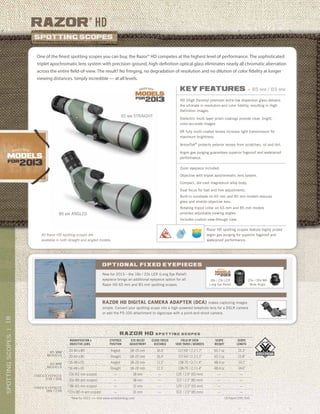 18SPOTTINGSCOPES|
US Patent D595,754S
razor
®
Hd
razor hd s p o t t i n g s c o p e s
*New for 2013. >> Visit www.vortexbirding.com
MAGNIFICATION x
OBJECTIVE LENS
EYEPIECE
POSITION
EYE RELIEF
ADJUSTMENT
CLOSE FOCUS
DISTANCE
FIELD OF VIEW
1000 YARDS / DEGREES
SCOPE
WEIGHT
SCOPE
LENGTH
20-60 x 85 Angled 18–20 mm 16.4’ 117-60’ / 2.2-1.1° 65.7 oz 15.3”
20-60 x 85 Straight 18–20 mm 16.4’ 117-60’ / 2.2-1.1° 65.7 oz 15.8”
*16-48 x 65 Angled 18–20 mm 11.5’ 138-75’ / 2.7-1.4° 48.4 oz 14.1”
*16-48 x 65 Straight 18–20 mm 11.5’ 138-75’ / 2.7-1.4° 48.4 oz 14.6”
23x (65 mm scopes) — 18 mm — 135’ / 2.6° (65 mm) — —
30x (85 mm scopes) — 18 mm — 112’ / 2.1° (85 mm) — —
*18x (65 mm scopes) — 31 mm — 129’ / 2.5° (65 mm) — —
*23 x (85 m wm scopes) — 31 mm — 103’ / 2.0° (85 mm) — —
65 mm
models
FIXED Eyepiece
23x / 30X
FIXED Eyepiece
18x / 23X
85 mm
models
New for 2013—the 18x / 23x LER (Long Eye Relief)
eyepiece brings an additional eyepeice option for all
Razor HD 65 mm and 85 mm spotting scopes.
Optional fixed Eyepieces
Razor HD Digital Camera Adapter (DCA) makes capturing images
simple. Convert your spotting scope into a high-powered telephoto lens for a DSLR camera
or add the PS-100 attachment to digiscope with a point-and-shoot camera.
18x / 23x LER
Long Eye Relief
23x / 30x WA
Wide Angle
One of the finest spotting scopes you can buy, the Razor® HD competes at the highest level of performance. The sophisticated
triplet apochromatic lens system with precision-ground, high-definition optical glass eliminates nearly all chromatic aberration
across the entire field-of-view. The result? No fringing, no degradation of resolution and no dilution of color fidelity at longer
viewing distances. Simply incredible — at all levels.
85 MM ANGLED
65 MM STRAIGHT
key features » 85 mm / 65 mm
HD (High Density) premium extra-low dispersion glass delivers
the ultimate in resolution and color fidelity, resulting in High
Definition images.
Dielectric multi-layer prism coatings provide clear, bright,
color-accurate images.
XR fully multi-coated lenses increase light transmission for
maximum brightness.
ArmorTek®
protects exterior lenses from scratches, oil and dirt.
Argon gas purging guarantees superior fogproof and waterproof
performance.
Zoom eyepiece included.
Objective with triplet apochromatic lens system.
Compact, die-cast magnesium alloy body.
Dual focus for fast and fine adjustments.
Built-in sunshade on 65 mm and 85 mm models reduces
glare and shields objective lens.
Rotating tripod collar on 65 mm and 85 mm models
provides adjustable viewing angles.
Includes custom view-through case.
Razor HD spotting scopes feature highly prized
argon gas purging for superior fogproof and
waterproof performance.
All Razor HD spotting scopes are
available in both straight and angled models.
 