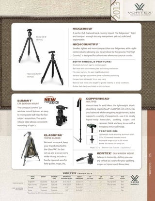 25TRIPODS|
*New Model for 2013. >> Visit www.vortexbirding.com
warranty
tRIPOD kITS
Car Window
mounts
vortex t r i p o d k i t s
B o t h M o d e l s f e at u r e :
A perfect full-featured back-country tripod. The Ridgeview™ —
light
and compact enough to carry everywhere, yet rock solid and
dependable.
Ridgeview™
Smaller, lighter and more compact than our Ridgeview, with a split-
center column allowing you to get closer to the ground. The High
Country™
is designed for adventures when every ounce counts.
high country™
Anodized aluminum legs for sturdy support.
Ball head with quick-release plate and locking mechanism.
Flip lever leg locks for rapid height adjustment.
Variable leg angle adjustments allow for flexible positioning.
Compact and lightweight for an easy carry.
Balance hook holds extra weight for greater stability in windy conditions.
Rubber feet stand sure-footed on slick surfaces.
RIDGEVIEW
TRIPOD
HIGH COUNTRY
TRIPOD
MODEL
NAME
WEIGHT MAXIMUM
LOAD
MINIMUM TO
MAXIMUM HEIGHT
FOLDED
DIMENSIONS
LEG
SECTIONS
LEG
ANGLES
LEG
LOCKS
HEAD
DESIGN
Ridgeview 3.6 pounds 8 pounds 35.5 – 60.9” 23.0 x 3.5” 4 3 Flip-up Lever Ball
High Country 2.1 pounds 5 pounds 14.8 – 53.8” 18.8 x 3.5” 5 3 Flip-up Lever Ball
*Summit 12.3 ounces 5 pounds 5.4” 5.4 x 3.0” – – – Ball
Vortex 1.2 pounds 5 pounds 3.0” 8.3 x 3.0” – – – Pan
*
The compact Summit™
car
window mount features an easy-
to-manipulate ball head for fast
subject acquisition. The quick-
release plate allows convenient
mounting of optics.
No need to unpack, keep
your tripod attached to
the GlassPAK™
for fast
set-up and a secure carry
while hiking. Includes a
handy zippered area for
field guides, maps, etc.
GlassPAK™
tripod carrier
Summit™
Car window mount
Sets up in moments—letting you use
any vehicle as a stand for your spotting
scopes or tripod-ready binoculars.
vortex®
Car window MOUNT
A must-have for avid hikers, the lightweight, shock-
absorbing Copperhead®
multiPOD not only keeps
you balanced while navigating rough terrain, it also
supports a variety of equipment—use it to steady
tripod-ready binoculars, spotting scopes and
cameras. Quick and easy to use with a
threaded, removable head.
f e at u r ing :
Lightweight shock-absorbing aluminum shaft.
1/4 x 20 standard threaded mount.
Adjustable length of 28 to 56 inches.
Basket for stability on sandy soil.
COPPERHEAD®
Multipod
Weight: 11.2 oz | Maximum Load: 5 pounds | Leg Sections: 3
 