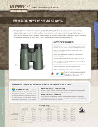 6BINOCULARS|
impressive views of nature at work.
> full / mid size roof prismsViper
®
HD
>> Visit www.vortexbirding.com
MAGNIFICATION x
OBJECTIVE LENS
EYE RELIEF
ADJUSTMENT
CLOSE FOCUS
DISTANCE
FIELD OF VIEW
1000 YARDS / DEGREES
WEIGHT HEIGHT x
WIDTH
INTERPUPILLARY
DISTANCE
15 x 50 16.0 mm 8.2’ 210’ / 4.0° 28.4 oz 6.7 x 5.2” 59–75 mm
10 x 50 19.5 mm 8.2’ 278’ / 5.3° 28.4 oz 6.7 x 5.2” 59–75 mm
10 x 42 16.5 mm 5.1’ 319’ / 6.1° 24.6 oz 5.8 x 5.3” 59–75 mm
8 x 42 20.0 mm 5.1’ 347’ / 6.6° 24.2 oz 5.8 x 5.3” 59–75 mm
8 x 32 16.0 mm 3.0’ 400’ / 7.6° 20.6 oz 4.9 x 4.8” 59–75 mm
6 x 32 19.5 mm 3.0’ 420’ / 8.0° 20.6 oz 4.9 x 4.8” 59–75 mm
FULL SIZE
ROOF PRISMS
Mid SIZE
ROOF PRISMS
viper hd b i n o c u l a r s
premium optical performance features include:
APO Optical System
APO optical system combined with HD (High Density) premium extra-low dispersion glass
provide unmatched color sharpness, resolution and color fidelity.
XR LENS COATINGS
XR anti-reflective coatings deliver incredible image detail with extremely high resolution
and light transmission. Fully multi-coated lens coatings eliminate annoying image-degrading
reflections and offer extraordinary brightness.
repels the oil
and corrosive salts of fingerprints from lenses.
This ultra-hard lens armor is chemically bonded
to outer glass elements, providing a surface that
is scratch-resistant and stain-proof. ArmorTek
protects optical glass from dust, dirt and smudges.
ArmorTek
®
Our Viper® HD binoculars combine premium quality with all the right features for going anywhere you need to go.
Rugged, lightweight—one of the lightest full-size binos available—and compact, it is no mystery why the Vipers are an
award-winner. Add High Density extra-low dispersion glass for increased resolution and color fidelity, and the Viper HDs
are even more impressive. No doubt about it, you’ll appreciate what these premium optics can do.
42 MM
key features
HD (High Density) extra-low dispersion glass delivers impressive
resolution and color fidelity, resulting in High Definition images.
Dielectric multi-layer prism coatings provide clear, bright,
color-accurate images.
XR fully multi-coated lenses increase light transmission for
maximum brightness.
ArmorTek®
protects exterior lenses from scratches, oil and dirt.
Argon gas purging with o-ring seals guarantees superior fogproof
and waterproof performance.
Phase-corrected prisms for sharp images and contrast.
Rugged rubber armor provides a secure, non-slip grip.
Viper HD binoculars feature highly prized
argon gas purging for superior fogproof
and waterproof performance.
 