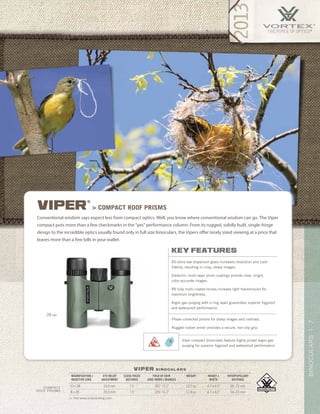 7BINOCULARS|
viper b i n o c u l a r s
>> Visit www.vortexbirding.com
MAGNIFICATION x
OBJECTIVE LENS
EYE RELIEF
ADJUSTMENT
CLOSE FOCUS
DISTANCE
FIELD OF VIEW
1000 YARDS / DEGREES
WEIGHT HEIGHT x
WIDTH
INTERPUPILLARY
DISTANCE
10 x 28 19.0 mm 7.5’ 267’ / 5.1° 12.0 oz 4.7 x 4.5” 56–73 mm
8 x 28 20.0 mm 7.5’ 319’ / 6.1° 11.8 oz 4.7 x 4.5” 56–73 mm
compact
ROOF PRISMS
Conventional wisdom says expect less from compact optics. Well, you know where conventional wisdom can go. The Viper
compact puts more than a few checkmarks in the “yes” performance column. From its rugged, solidly built, single-hinge
design to the incredible optics usually found only in full size binoculars, the Vipers offer nicely sized viewing at a price that
leaves more than a few bills in your wallet.
viper
®
> compact roof prisms
28 MM
key features
XD extra-low dispersion glass increases resolution and color
fidelity, resulting in crisp, sharp images.
Dielectric multi-layer prism coatings provide clear, bright,
color-accurate images.
XR fully multi-coated lenses increase light transmission for
maximum brightness.
Argon gas purging with o-ring seals guarantees superior fogproof
and waterproof performance.
Viper compact binoculars feature highly prized argon gas
purging for superior fogproof and waterproof performance.
Phase-corrected prisms for sharp images and contrast.
Rugged rubber armor provides a secure, non-slip grip.
 