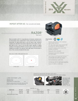 REDDOTS
13
RAZOR R E D D O T
MAGNIFICATION DOT COLOR DOT SIZE WEIGHT LENGTH EYE RELIEF
1x Bright Red 3 MOA 1.4 oz (2.5 oz with Low Mount) 1.8" Unlimited
1x Bright Red 6 MOA 1.4 oz (2.5 oz with Low Mount) 1.8" Unlimited
Dual Use: Shooting Tactical / Hunting
Premium wide-field lens with exceptional
edge-to-edge resolution.
XR™
fully multi-coated lenses increase light
transmission for optimal brightness.
ArmorTek®
protects exterior lenses from
scratches, oil and dirt.
Waterproof with o-ring seals.
Shockproof construction withstands
recoil and impact.
Ultra compact and rugged with one-piece
aircraft-grade aluminum alloy chassis.
Hard-anodized black matte finish.
Unlimited eye relief for rapid target acquisition.
Choice of 3 MOA or 6 MOA dot.
FEATURES
R A Z O R
Reticle choice of 3 MOA or 6 MOA daylight bright red dot.
3 MOA DOT 6 MOA DOT
Truly at home on an AR,
pistol, shotgun or offset-
mounted alongside
your primary magnified
optic, the compact
Razor ensures rapid,
accurate target
acquisition – every time.
VERSATILE MOUNTING OPTIONS AVAILABLE
Using the versatile multi-height mounting system, the Razor mounts to ARs, handguns or shotguns.
LONG BATTERY LIFE
BRIGHTNESS SETTING
Average Battery Use at Highest Setting 1 year
Powered by readily available CR 2032 battery. Auto shut-off after
six hours if no button is pressed. Side-opening battery tray.
When you shoulder an AR-15 or comparable piece of armament, everybody knows
you mean business. Add a compact Razor®
red dot, and the whoa factor goes up
exponentially. The highly polished glass is crisp from edge to edge. Exceptional
resolution and a wide field of view present a sight picture sure to impress. The day-
light bright red dot is easy to see and paints targets regardless of lighting
conditions or the background. Whether you shoot at paper or protein, the unrivaled
reliability and versatility of this high-end reflex sight checks off all the boxes in
terms of fast, accurate and deadly. And then some.
RAZOR®
RED DOTS
/ / / / / / / / / / / / / / / / / / / / / / / / / / / / / / / /
REPEAT AFTER US: Fast, accurate and deadly.
 