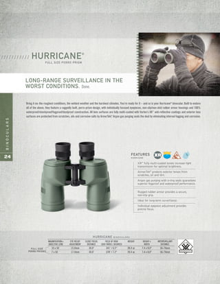 BINOCULARS
24
Bring it on: the roughest conditions, the wettest weather and the harshest climates. You’re ready for it – and so is your Hurricane®
binocular. Built to endure
all of the above, they feature a ruggedly built, porro-prism design, with individually focused eyepieces, non-slip/non-skid rubber armor housings and 100%
waterproof/shockproof/fogproof/dustproof construction. All lens surfaces are fully multi-coated with Vortex’s XR™
anti-reflective coatings and exterior lens
surfaces are protected from scratches, oils and corrosive salts by ArmorTek.®
Argon gas purging seals the deal by eliminating internal fogging and corrosion.
HURRICANE®
FULL SIZE PORRO PRISM
/ / / / / / / / / / / /
XR™
fully multi-coated lenses increase light
transmission for optimal brightness.
ArmorTek®
protects exterior lenses from
scratches, oil and dirt.
Argon gas purging with o-ring seals guarantees
superior fogproof and waterproof performance.
Rugged rubber armor provides a secure,
non-slip grip.
Ideal for long-term surveillance.
Individual eyepiece adjustment provides
precise focus.
FEATURES
H U R R I C A N E
FULL SIZE
PORRO PRISMS
HURRICANE B I N O C U L A R S
MAGNIFICATION x EYE RELIEF CLOSE FOCUS FIELD OF VIEW WEIGHT HEIGHT x INTERPUPILLARY
OBJECTIVE LENS ADJUSTMENT DISTANCE 1000 YARDS / DEGREES WIDTH DISTANCE
10 x 50 15.0mm 30.0' 341' / 6.5° 38.4 oz 7.4 x 8.0" 56-74mm
7 x 50 17.0mm 30.0' 378' / 7.2° 39.4 oz 7.4 x 8.0" 56-74mm
LONG-RANGE SURVEILLANCE IN THE
WORST CONDITIONS. Done.
 