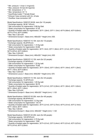 * Min. pressure: 1.4 bar (1.4 kg/cm2)
* Max. pressure: 8.5 bar (8.5 kg/cm2)
* Min. temperature: 2 ° C
* Max. temperature: 43 ° C
* Input/Output water 1" female thread
* Exhaust: hose connector with 2m. of tube
* Overflow: hose connection 3/8"
Model Specifications 15000107-08 8lt. resin (for 1/2 people)
* Exchange capacity: 38.56 º HFxm3.
* Salt consumption for regeneration: 0.88 Kg./Salt.
* Water consumption for regeneration: 47,2lt.
* Quantity of treated water for regeneration, 30°F-1,28m3, 35°F-1,10m3, 40°F-0,96m3, 45°F-0,85m3,
50°F-0,77m3, 60°F-0,64M3.
* Max. flow: 0.36 m3/h
* Dimensions Europe I - Base (mm): 480x320 * Height (mm): 655
Model Specifications 15000107-10 10lt. resin (for 1/2 people)
* Exchange capacity: 48,20ºHFxm3.
* Salt consumption for regeneration: 1,10 Kg./salt.
* Water consumption for regeneration: 63,8lt.
* Quantity of treated water for regeneration, 30°F-1,6m3, 35°F-1,38m3, 40°F-1,21m3, 45°F-1,07m3,
50°F-0,97m3, 60°F-0,80m3.
* Max. flow: 0,45m3/h
* Dimensions Europe I - Base (mm): 480x320 * Height (mm): 655
Model Specifications 15000107-12 12lt. resin (for 2/3 people)
* Exchange capacity: 57,84ºHFxm3.
* Salt consumption for regeneration: 1,32 Kg./salt.
* Water consumption for regeneration: 70,8lt.
* Quantity of treated water for regeneration, 30°F-1,93m3, 35°F-1,65m3, 40°F-1,44m3, 45°F-1,29m3,
50°F-1,16m3, 60°F-0,96m3.
* Max. flow: 0,54m3/h
* Dimensions Luxury I - Base (mm): 605x350 * Height (mm): 670
Model Specifications 15000107-15 15lt. resin (for 3/4 people)
* Exchange capacity: 72,30ºHFxm3.
* Salt consumption for regeneration: 1,65 Kg./salt.
* Water consumption for regeneration: 90,7lt.
* Quantity of treated water for regeneration, 30°F-2,41m3, 35°F-2,06m3, 40°F-1,80m3, 45°F-1,60m3,
50°F-1,45m3, 60°F-1,20m3.
* Max. flow: 0,67m3/h
* Dimensions Europe II - Base (mm): 480x320 * Height (mm): 1.120
Model Specifications 15000107-20 20lt. resin (for 4/6 people)
* Exchange capacity: 96,40ºHFxm3.
* Salt consumption for regeneration: 2,2 Kg./salt.
* Water consumption for regeneration: 124,1lt.
* Quantity of treated water for regeneration, 30°F-3,21m3, 35°F-2,75m3, 40°F-2,41m3, 45°F-2,14m3,
50°F-1,93m3, 60°F-1,60m3.
* Max. flow: 0,9m3/h
* Dimensions Europe II - Base (mm): 480x320 * Height (mm): 1.120
Model Specifications 15000107-25 25lt. resin (for 6/8 people)
* Exchange capacity: 120,50ºHFxm3.
* Salt consumption for regeneration: 2,75 Kg./salt.
* Water consumption for regeneration: 150lt.
* Quantity of treated water for regeneration, 30°F-4,01m3, 35°F-3,44m3, 40°F-3,01m3, 45°F-2,67m3,
50°F-2,41m3, 60°F-2,00m3.
30 March 2021 29/102
 