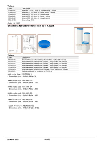 Variants
Code Description
15000404-11 Brine wells OD 100 - 28cm. for Tender I/Tender II cabinet
15000404-04 Brine well OD 100 - 38cm. for Europe I/Luxury I cabinet
15000404-05 Brine well OD 100 - 41cm. for Luxury I cabinet
15000404-01 Brine well OD 100 - 82cm. for Europe II cabinet
15000404-02 Brine well OD 100 - 86cm. for Luxury II cabinet
15000404-03 Brine well cap Ø 100
Code: 15015005
Brine tanks for water softener from 30 to 1.000lit.
Variants
Code Description
15015005-01 Brine tank for water softener 30lit. (salt well + fitting overflow 3/8" included)
15015005-06 Brine tank for water softener 200lit. (salt well + fitting overflow 3/8" included)
15015005-07 Brine tank for water softener 300lit. (salt well + fitting overflow 1/2" included)
15015005-08 Brine tank for water softener 500lit. (salt well + fitting overflow 1/2" included)
15015005-09 Brine tank for water softener 700lit. (salt well + fitting overflow 1/2" included)
15015005-10 Brine tank for water softener 1.000lit. (salt well + fitting overflow 1/2" included)
15015005-11 Replacement blue lid for brine tanks 30, 75, 100 lit.
30lit. model (cod. 15015005-01)
- Dimensions (mm.) (ODxH) 340 x 470
200lit. model (cod. 15015005-06)
- Dimensions (mm.) (ODxH) 530 x 1.050
300lit. model (cod. 15015005-07)
- Dimensions (mm.) (ODxH) 735 x 1.180
500lit. model (cod. 15015005-08)
- Dimensions (mm.) (ODxH) 910 x 1.130
700lit. model (cod. 15015005-09)
- Dimensions (mm.) (ODxH) 970 x 1.180
1.000lit. model (cod. 15015005-10)
- Dimensions (mm.) (ODxH) 1.120 x 1.180
30 March 2021 86/102
 