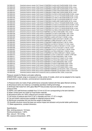 15015606-037 Greentank pressure vessels 10x17 thread 2.5"(8)NPSM-0 (La434-Lb431-Da255-Db268) 16,5lit. w base
15015606-039 Greentank pressure vessels 10x24 thread 2.5"(8)NPSM-0 (La609-Lb606-Da258-Db268) 24,8lit. w base
15015606-040 Greentank pressure vessels 10x26 thread 2.5"(8)NPSM-0 (La664-Lb661-Da258-Db268) 27,33lit. w base
15015606-041 Greentank pressure vessels 10x30 thread 2.5"(8)NPSM-0 (La765-Lb763-Da258-Db268) 32,28lit. w base
15015606-042 Greentank pressure vessels 10x35 thread 2.5"(8)NPSM-0 (La893-Lb891-Da255-Db268) 38,3lit. w base
15015606-044 Greentank pressure vessels 10x40 thread 2.5"(8)NPSM-0 (La1022-Lb1020-Da258-Db268) 44,65lit. w base
15015606-045 Greentank pressure vessels 10x44 thread 2.5"(8)NPSM-0 (La1121-Lb1118-Da255-Db268) 48,8lit. w base
15015606-046 Greentank pressure vessels 10x47 thread 2.5"(8)NPSM-0 (La1198-Lb1195-Da258-Db268) 53,2lit. w base
15015606-047 Greentank pressure vessels 10x54 thread 2.5"(8)NPSM-0 (La1381-Lb1378-Da255-Db268) 61lit. w base
15015606-048 Greentank pressure vessels 11x35 thread 2.5"(8)NPSM-0 (La903-Lb891-Da283-Db295) 46,7lit. w base
15015606-049 Greentank pressure vessels 11x44 thread 2.5"(8)NPSM-0 (La1130-Lb1118-Da283-Db295) 59,8lit. w base
15015606-052 Greentank pressure vessels 12x48 thread 2.5"(8)NPSM-0 (La1232-Lb1218-Da307-Db315) 78,54lit. w base
15015606-053 Greentank pressure vessels 12x52 thread 2.5"(8)NPSM-0 (La1338-Lb1324-Da307-Db315) 84,7lit. w base
15015606-054 Greentank pressure vessels 13x44 thread 2.5"(8)NPSM-0 (La1145-Lb1131-Da335-Db349) 84,8lit. w base
15015606-055 Greentank pressure vessels 13x54 thread 2.5"(8)NPSM-0 (La1398-Lb1384-Da335-Db349) 105,7lit. w base
15015606-057 Greentank pressure vessels 14x52 thread 4"(8)NPSM-0 (La1344-Lb1294-Da366) 115lit. w base
15015606-058 Greentank pressure vessels 14x52 thread 2.5"(8)NPSM-0 (La1344-Lb1294-Da366) 115lit. w base
15015606-059 Greentank pressure vessels 14x65 thread 2.5"(8)NPSM-0 (La1674-Lb1624-Da366) 148lit. w base
15015606-060 Greentank pressure vessels 16x24 thread 4"(8)NPSM-0 (La624-Lb572-Da411) 56,98lit. w base
15015606-061 Greentank pressure vessels 16x24 thread 2.5"(8)NPSM-0 (La624-Lb572-Da411) 56,98lit. w base
15015606-062 Greentank pressure vessels 16x36 thread 4"(8)NPSM-0 (La968-Lb918-Da411) 98,1lit. w base
15015606-063 Greentank pressure vessels 16x36 thread 2.5"(8)NPSM-0 (La968-Lb918-Da411) 98,1lit. w base
15015606-064 Greentank pressure vessels 16x44 thread 4"(8)NPSM-0 (La1240-Lb1192-Da411) 131,6lit. w base
15015606-065 Greentank pressure vessels 16x44 thread 2.5"(8)NPSM-0 (La1240-Lb1192-Da411) 131,6lit. w base
15015606-066 Greentank pressure vessels 16x52 thread 4"(8)NPSM-0 (La1377-Lb1327-Da411) 148,3lit. w base
15015606-067 Greentank pressure vessels 16x52 thread 2.5"(8)NPSM-0 (La1377-Lb1327-Da411) 148,3lit. w base
15015606-068 Greentank pressure vessels 16x65 thread 4"(8)NPSM-0 (La1706-Lb1656-Da411) 188,6lit. w base
15015606-069 Greentank pressure vessels 16x65 thread 2.5"(8)NPSM-0 (La1706-Lb1656-Da411) 188,6lit. w base
15015606-070 Greentank pressure vessels 16x65 thread 4"(8)NPSM-0 (La1671-Lb1655-Da411) 188,6lit. w FRP base
15015606-071 Greentank pressure vessels 18x36 thread 4"(8)NPSM-0 (La1000-Lb939-Da491) 138lit. w base
15015606-072 Greentank pressure vessels 18x53 thread 4"(8)NPSM-0 (La1432-Lb1371-Da491) 211lit. w base
15015606-073 Greentank pressure vessels 18x65 thread 4"(8)NPSM-0 (La1722-Lb1661-Da491) 257lit. w base
15015606-075 Greentank pressure vessels 21x36 thread 4"(8)NPSM-0 (La1002-Lb956-Da555) 164lit. w base
15015606-076 Greentank pressure vessels 21x53 thread 4"(8)NPSM-0 (La1434-Lb1388-Da555) 253lit. w base
15015606-077 Greentank pressure vessels 21x62 thread 4"(8)NPSM-0 (La1721-Lb1675-Da555) 330lit. w base
15015606-080 Greentank pressure vessels 24x72 thread 4"(8)NPSM-0 (La1918-Lb1875-Da622) 494lit. w base
15015606-082 Greentank pressure vessels 30x72 thread 4"(8)NPSM-4"(8)NPSM (La2140-Da781) 720lit. w tripod base
15015606-085 Greentank pressure vessels 36x72 thread 4"(8)NPSM-4"(8)NPSM (La2150-Da932) 1023lit. w tripod base
15015606-088 Greentank pressure vessels 42x72 thread 6FLG-6FLG (La2395-Da1090) 1530lit. w tripod base
Pressure vessels for filtration and water softening.
GREENTANK vessels range is composed of a wide variety of models, which can be adapted to the majority
of applications in the domestic, commercial and industrial sectors.
1) Pressure tanks are made of high performance composite material with fiber glass filament winding.
2) All pressure tanks are made by a completely seamless molding technology.
3) All thread inlet made from 30% glass filled PP that provides improved strength, temperature and
pressure limits.
4) HDPE Liner wall thickness available from 3.0 mm to 8.0 mm corresponding to the tank diameter.
5) Water contact parts are made by Food-Grade materials.
6) All pressure tanks are 100% rustproof and corrosion resistant.
7) Full choice of pressure tank from 5"-24" in diameter and from 17"-72" in height.
8) Top and bottom opening type available for selected pressure tanks.
9) Reinforced composites are one third the weight of steel tanks.
10) Scientific structure insure the base can endure impact and abrasion and provide better performance.
11) Sleek appearance, constant dimension.
Specifications
Max. working pressure: 10.5 bars.
Working temperature: 1-50ºC.
Max. vacuum: 140 mmHg.
Min. exposure temperature: -30ºC.
30 March 2021 97/102
 