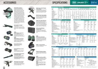 26
ACCESSORIES SPECIFICATIONS CATALOGUE
DAYLIGHT
& NIGHT VISION
OPTICS
29032 NVMT Head Mount
The NVMT Compact Head Mount is
designed for joint use with the NVMT
Spartan 1x24 night vision device or other
night vision devices with a similar bracket.
This allows hands-free operation of the
night vision device in partial and complete
darkness. The Head Mount ensures stable
positioning of a night vision device in front
of the user's eyes, even while in fast motion
(pacing, running, abrupt movements). The
Head Mount is simple and convenient to
use. Minimal protrusion of the suspension
point reduces fatigue and load on the user's
neck if operated for long periods of time.
The Head Mount can also be paired with a
camouflage cover. Combined with a night
vision device, the NVMT Compact Head
Mount is ideal for high-tech ranger games,
night hiking etc. Only recommended for low
magnification devices.
29074 NVMT IR Flashlight
(100 mW, 805 nm)
Combines Yukon's popular IR unit with a
mount to double, or even triple, the viewing
distance of Gen 1 devices on the darkest of
nights.
29052
NVMT Objective Lens 42 mm
Affords 3x magnification and is
recommended for optimum performance
with the NVMT rifle conversions and
handheld monoculars. Not for use with WP
models.
29053
NVMT Objective Lens 50 mm
Is perfect for photography and general
observation with its 4x magnification
capability - the highest in the NVMT series.
Not for use with WP models.
29043 NVMT Rifle Mount
Adapts NVMT Spartan to fit on a
Weaver/Dovetail mount
29061 NVMT Rifle Conversion
Eyepiece
0.5x image magnification. Increased eye
relief. Not compatible with WP models.
27021 DSAS Directional Sound
Amplification System
Uses a cardioid microphone to capture
sounds. Can be used to listen or record.
Fits most Yukon NV monoculars.
27022 DSAS with Weaver Mount
Fits NV weapon scopes
29023 Digital Camera Adapter
is recommended for all Yukon NVMT
Spartans and can also be used with Yukon
20-50x50 WA spotting scopes. Works with
most compact digital cameras.
29024 Yukon 6-100x100 Digital
Camera Adapter
is a great accessory for 6-100x100 models.
The adapter allows users to take digital
pictures and will accommodate most digital
cameras. Not for use with the LT model.
29041 Binocular Tripod Adapter
With the help of adapter the binoculars can
be mounted on a tripod. Useful for models
with high magnification for mounting of the
binocular on the tripod 1/4"
29094 Yukon Video Attachment
Allows users to make video and photo
recording independently, as well as with the
Yukon 6-100x100 / 20-50x50 spotting
scopes, NVMT, Exelon and NV 5x60 night
vision scopes. The Yukon Video Attachment
includes a camera and adapters to fit the
eyepiece of various Yukon optical devices
27041 Yukon MPR Mobile
Player/Recorder
Is intended for video recording of input
video signal from CCD / CMOS array of
Ranger/Ranger Pro or Photon Digital Night
Vision
29093
NVB Tracker 2x24 Doubler
can be used with all Tracker 2x24 models.
This feature allows you to easily increase
the magnification of these binoculars from
2x to 3.5x. Not usable with Tracker 1x24
Goggles or Tracker 3x42
29091 1.7x Lens Converter
provides 4.3x magnification when used with
the Sentinel 2.5x50 Riflescope
29044 AK Side Mount Adapter
is used for mounting NVRS/Sentinel units
(with Weaver mount) on AK and SVD-type
rifles.
29101
Weather Guard 50 mm NVRS
The Weather Guard, attached in front of the
objective lens of the NVRS-F riflescopes,
will protect the objective lens against
atmospheric precipitation
29102
Weather Guard 50 mm Yukon
29103
Weather Guard 60 mm Yukon
are used with Sentinel 2.5x50 & 3x60
riflescopes.
Model
SKU #
Generation
Magnification
Lens diameter, mm
Field of View,°
Eye Relief, mm
Resolution, lines per mm
Range of detection, m*
Power Supply, V
IP Standard
Length, mm
Width, mm
Height, mm
Weight (without batteries), kg
EXELON SERIES
3x50
24101
CF-Super
3
50
13
12
40
180
IPX4
198
87
60
0.5
4x50
24102
CF-Super
4
50
13
12
40
200
IPX4
198
87
60
0.5
NVMT SPARTAN SERIES
G2+ 3x50
24157
2+
3
50
14
17
41
600
IPX4
208
86
60
0.6
2x24
24121
1
2
24
25
12
36
120
IPX
142
60
82
0.38
3x42
24122
1
3
42
20
12
36
150
IPX4
162
60
82
0.5
4x50
24127
1
4
50
15
12
36
180
IPX4
191
60
87
0.6
1x24
24124
1
1
24
30
12
36
80
IPX4
142
60
82
0.38
NV
5x60
24065
1
5
60
12
12
40
180
IPX4
206
70
93
0.66
3x42 Kit
26141
1
3 / 1.5
42
20
12 / 45
36
150 / 100
IPX4
162 / 261
60
82
0.5 / 0.7
PATROL SERIES
2x24
24081
1
2
24
23
12
36
120
3 (2xAAA)
IPX4
142
87
60
0.34
4x50
24083
1
4
50
15
12
36
180
IPX4
190
87
62
0.4
NVB TRACKER SERIES
LT 2x24
25023
1
2
24
25
12
36
120
IPX4
175
123
72
0.6
Pro 2x24
25022
1
2
24
25
12
36
120
IPX4
175
123
72
0.6
RX 3.5x40
25024
1
2 / 3.5
24 / 40
25 / 15
12
36
120 / 150
IPX4
175 / 239
123
72
0.6
1x24
25025
1
1
24
30
12
36
80
IPX4
175
123
72
0.6+0.2
3x42
25028
1
3
42
20
12
36
150
IPX4
184
123
72
0.7
TUBE-BASED NIGHT VISION DEVICES
Model
SKU #
Lens diameter, mm
Magnification, x
Eye Relief, mm
Exit Pupil, mm
Field of View,°
Min. Focusing Distance, m
Length, mm
Width, mm
Height, mm
Weight, kg
FUTURUS SERIES
8x40WA
22038
40
8
14.5
5
7.5
8
150
190
63
0.82
7x50 WA
22031
50
7
30
7
6.5
5
200
215
70
1.03
10x50 WA
22032
50
10
16
5
6
5
193
215
70
1.03
12x50 WA
22033
50
12
12
4.2
5.3
5
185
215
70
1.0
16x50
22034
50
16
10
3.1
4
10
185
215
70
1.02
20x50
22035
50
20
10
2.5
3
10
185
215
70
0.99
8-24x50
22131
50
8 - 24
15
6.25 - 2
4.4 - 2.2
7 - 16
197
217
70
1.0
SIDEVIEW SERIES
8x21
22141
21
8
10
2.6
7
5
124
99
45
0.19
10x21
22142
21
10
7.5
2.1
6.5
7
124
99
45
0.19
POINT SERIES
8x42
22151
42
8
21
5.25
7.4
1.3
180
128
58
0.64
10x56
22154
56
10
21
5.6
6
3.5
207
145
70
1.22
15x56
22155
56
15
18
3.5
4
3.5
207
145
70
1.23
BINOCULARS
DIGITAL NIGHT VISION DEVICES
Model
SKU #
Magnification, х
Objective Lens, mm
Horizontal FOV, °
Resolution, lines / mm
Built-In IR Flashlight, type
Wavelength of Built-In IR Flashlights, nm
Equivalent IR Power, mW
Range of Detection, m *
Power Supply, V / Batteries
Built-In Video Recorder Availability
Type & max capacity of memory card
Length, mm
Width, mm
Height, mm
Weight (without batteries), kg
RANGER SERIES
5x42
28041
5
42
5
40
LED
940
Max.400
250
9 / 6хАА
No
-
170
116
76
0.65
Pro 5x42
28046
5
42
5
40
LED
940
Max.400
450
9 / 6хАА
No
-
170
116
76
0.65
5x50
28053
5 (PAL)
50
4
34
Laser
780
125
250
3 / 2хАА
Yes
SD 32Gb
188
86
59
0.35
DIGITAL RIFLESCOPES
Model
SKU #
Magnification, x
Lens diameter, mm
Sensor type
Camera resolution (CCIR), pixel
Eye relief, mm
Type of built-in Illuminator
Built-in IR wavelength, nm
Detection range, m*
Tube diameter, mm
Power supply, V
Battery type
Operation time on battery set (IR on/off), hour
Operating temperature, ºC
6.5x50
26344
6.5
50
CMOS
656x492
60
Laser
780
350
30
3
2xAA
4/5
-15 … +50
STRINGER SERIES
3.5x42
28052
3.5 (PAL)
42
5.5
34
Laser
780
125
200
3 / 2хАА
Yes
SD 32Gb
161
84
56
0.33
PHOTON XT SERIES
4.6x42
26342
4.6
42
CMOS
656x492
60
Laser
780
300
30
3
2xAA
4/5
-15 … +50
TUBE-BASED NV RIFLESCOPES
.
Model
SKU #
Generation
Magnification, x
Lens diameter, mm
Field of view, °
Eye relief, mm
Built-in IR type
Built-in IR wavelength, nm
Viewing Range, m*
Min. Focusing Range, m
Operating Temperature,°С
Power Supply, V
Dimensions, mm
2.5x50
26015T
1
2.5
50
13
45
LED
805
150
5
-30…+40
3 (2xAA)
270x90x100
3x60 L
26018T
1
3
60
11
45
Laser
780
220
8
-30…+40
3 (2xAA)
SPOTTING SCOPES
Model
SKU#
Main Objective Magnification, x
Auxiliary Objective Magnification, x
Main Obj. Lens Diameter, mm
Auxiliary Obj. Lens Diameter, mm
Eye Relief, mm
Angle of the eyepiece according
to the optical path of the device, °
FOV, °, by magnifying power of:
- 6x
- 25x
- 100x
Dimensions, mm
Weight, kg
YUKON 100X SERIES
6-100х100
21031
25-100
6-25
100
25
12…16
45
7
2.5
0.6
425х119х85
1.5
6-100х100
LT Silver
21032
25-100
6-25
100
25
12…16
0
7
2.5
0.6
1.5
Model
SKU #
Objective Lens, mm
Magnification, x
Eye Relief, mm
Field of View, °
Tripod Mount, inch
Lenght, mm
Width, mm
Heigth, mm
Weight, kg
YUKON
20-50х50 WA
21014
50
20-50
14
2.5…1
1/4 & 3/8
240
76
110
0.7
SCOUT SERIES
20х50
21021
50
20
12
3.1
¼
230 (closed) …370 (opened)
70
70
0.45
30х50
21022
50
30
12
1.8
¼
70
70
0.45
30х50 WA
21023
50
30
12
2.3
¼
70
70
0.45
SENTINEL SERIES
Degree of protection,
IP code (IEC 60529)
Power supply
Battery life
Operating temperature, °C
Auto power off
Dimensions, mm
Weight
(without/with battery), g
IPX5
CR2 3V Lithium
3000 activations
- 10 …+45
after 20 seconds
98x75x54
195 / 205
Model
SKU #
Magnification, x
Lens diameter, mm
Field of view, degree
Eye relief, mm
Diopter adjustment range, D
Mounting diameter, mm
Adjustment per click, mm at 100m
Operating temperature, °C
Degree of protection, acc. to IEC 60529
Power supply
Length, mm
Weight, kg
4х32
23011
4
32
5
100
-2.5 ... +2.5
30
7
-30 … +60
IPX7
CR2032/3V
298
0.480
7х50
23012
7
50
2.8
97
-2.5 ... +2.5
30
4
-30 … +60
IPX7
CR2032/3V
387
0.648
8х56
23013
8
56
2.5
95
-2.5 ... +2.5
30
4
-30 … +60
IPX7
CR2032/3V
411
0.746
1.5-6х42
23021
1.5 – 6
42
11 - 2.8
80
-2.5 ... +2
30
7
-30 … +60
IPX7
CR2032/3V
311
0.555
3-12х56
23022
3 - 12
56
5 - 1.3
92
-3 ... +2
30
7
-30 … +60
IPX7
CR2032/3V
387
0.740
Model
SKU #
Measurement range, m
Accuracy of range measurement, m
Min. measurement range, m
Magnification, x
Lens diameter, mm
Lens diameter of the receiver, mm
Field of view, degree
Eye relief, mm
Exit pupil, mm
Eyepiece adjustment, diopter
LRS-1000
27051
1000
±1
5
6
24
24
7
14
4
±4
* - object 1.7x0.5 m, in normal nighttime conditions - 0.05 lux (quarter moon)
EXTEND SERIES
DAYLIGHT OPTICAL SIGHTS LASER RANGEFINDERS
CRAFT SERIES
2.5x50 L
26017T
1
2.5
50
13
45
Laser
780
200
5
-30…+40
3 (2xAA)
3x60
26016T
1
3
60
11
45
LED
805
170
8
-30…+40
3 (2xAA)
307x90x100
8x56
22153
56
8
27
7
6.3
3.5
207
145
70
1.17
10x42
22152
42
10
16
4.2
6.5
1.3
180
128
58
0.64
2x24WP
25023WP
1
2
24
25
12
36
120
IPX7
175
123
72
0.6
3 (1xCR123A)3 (1xCR123A)
3x42
24122WP
1
3
42
20
12
36
150
IPX7
162
60
82
0.5
3 (1xCR123A)
4.6x42
26346
4.6
42
CMOS
656x492
60
LED
810
100
30
3
2xAA
4/5
-15 … +50
6.5x50
26348
6.5
50
CMOS
656x492
60
LED
810
120
30
3
2xAA
4/5
-15 … +50
2 0 1 4
 
