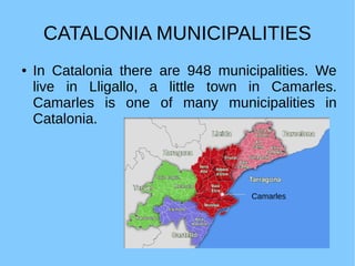 CATALONIA MUNICIPALITIES
● In Catalonia there are 948 municipalities. We
live in Lligallo, a little town in Camarles.
Camarles is one of many municipalities in
Catalonia.
Camarles
 