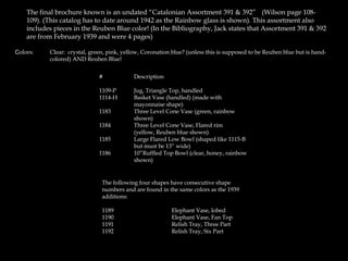 The final brochure known is an undated “Catalonian Assortment 391 & 392” ((Wilson page 108-
109). (This catalog has to date around 1942 as the Rainbow glass is shown). This assortment also
includes pieces in the Reuben Blue color! (In the Bibliography, Jack states that Assortment 391 & 392
are from February 1939 and were 4 pages)
Colors: Clear: crystal, green, pink, yellow, Coronation blue? (unless this is supposed to be Reuben blue but is hand-
colored) AND Reuben Blue!
# Description
1109-P Jug, Triangle Top, handled
1114-H Basket Vase (handled) (made with
mayonnaise shape)
1183 Three Level Cone Vase (green, rainbow
shown)
1184 Three Level Cone Vase, Flared rim
(yellow, Reuben blue shown)
1185 Large Flared Low Bowl (shaped like 1115-B
but must be 13” wide)
1186 10”Ruffled Top Bowl (clear, honey, rainbow
shown)
The following four shapes have consecutive shape
numbers and are found in the same colors as the 1939
additions:
1189 Elephant Vase, lobed
1190 Elephant Vase, Fan Top
1191 Relish Tray, Three Part
1192 Relish Tray, Six Part
 