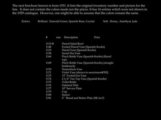 The next brochure known is from 1931. It lists the original inventory number and picture for the
line. It does not contain the colors made nor the prices. It has 16 entries which were not shown in
the 1929 catalogue. However, one might be able to assume that the colors remain the same.
Colors: Brilliant: Emerald Green, Spanish Rose, Crystal Soft: Honey, Amethyst, Jade
# size Description Price
1115-B Flared Salad Bowl
1148 Footed Flared Vase (Spanish Knobs)
1153 Flared Vase (Spanish Knobs)
1154 Sweet Pea Vase
1166 Pinch Bottle Vase (Spanish Knobs) (flared
top)
1169 Pinch Bottle Vase (Spanish Knobs) (straight
bottleneck)
1170 Nasturtium Vase
1171 Violet Vase (shown in assortment#392)
1172 12” Footed Fan Vase
1174 4 1/4” Fan Top Vase (Spanish Knobs)
1175 Toilet Bottle
1176 Oatmeal Dish
1177 10” Service Plate
1179 Cup
1180 Saucer
1181 6” Bread and Butter Plate (SK too?)
 