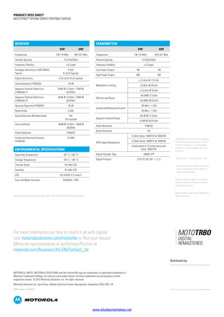 PRODUCT SPEC SHEET
MOTOTRBO™ DP2000 SERIES PORTABLE RADIOS
RECEIVER
VHF UHF
Frequencies 136-174 MHz 403-527 MHz
Channel Spacing 12.5/20/25kHz
Frequency Stability ± 0.5 ppm
Analogue Sensitivity (12dB SINAD)
Typical
0.3uV
0.22uV (typical)
Digital Sensitivity 0.25 uV (0.19 uV typical)
Intermodulation (TIA603D) 70 dB
Adjacent Channel Selectivity
(TIA603A)-1T
60dB @ 12.5kHz / 70dB @
20/25kHz
Adjacent Channel Selectivity
(TIA603D)-2T
45dB @ 12.5kHz / 70dB @
20/25kHz
Spurious Rejection (TIA603D) 70 dB
Rated Audio 0.5W
Audio Distortion @ Rated Audio 5%
3% (typical)
Hum and Noise -40dB @ 12.5kHz / -45dB @
20/25kHz
Audio Response TIA603D
Conducted Spurious Emission
(TIA603D)
-57 dBm
TRANSMITTER
VHF UHF
Frequencies 136-174 MHz 403-527 MHz
Channel Spacing 12.5/20/25kHz
Frequency Stability ± 0.5 ppm
Low Power Output 1W 1W
High Power Output 5W 4W
Modulation Limiting
± 2.5 kHz @ 12.5 kHz
±4.0kHz @ 20 kHz
± 5.0 kHz @ 25 kHz
FM Hum and Noise
-40 dB@ 12.5 kHz
-45 dB@ 20/25 kHz
Conducted/Radiated Emission
-36 dBm  1 GHz
-30 dBm  1 GHz
Adjacent Channel Power
60 dB @ 12.5 kHz
70 dB @ 20/25 kHz
Audio Response TIA603D
Audio Distortion 3%
4FSK Digital Modulation
12.5kHz Data: 7K60F1D  7K60FXD
12.5kHz Voice: 7K60F1E  7K60FXE
Combination of 12.5 kHz Voice and
Data: 7K60F1W
Digital Vocoder Type AMBE+2™
Digital Protocol ETSI TS 102 361 -1,-2,-3
¹ Software release covers patches
and maintenance releases of the
current version to the operating
system i.e. that shipped with the
terminal.
2
Radio only - Li-Ion battery -10C
3
Actual battery runtime observed
may vary based on the specific
radio configuration.
Specifications subject to change
without notice. All specifications
shown are typical.
Radio meets applicable regulatory
requirementes.
ENVIRONMENTAL SPECIFICATIONS
Operating Temperature -30° C / +60 °C2
Storage Temperature -40° C / +85 °C
Thermal Shock Per MIL-STD
Humidity Per MIL-STD
ESD IEC 61000-4-2 Level 3
Dust and Water Intrusion IEC60529 - IP55
Testing completed using portable radio with attached battery and antenna.
For more information on how to reach it all with digital,
visit motorolasolutions.com/mototrbo or find your closest
Motorola representative or authorised Partner at
motorola.com/Business/XU-EN/Contact_Us
MOTOROLA, MOTO, MOTOROLA SOLUTIONS and the Stylized M Logo are trademarks or registered trademarks of
Motorola Trademark Holdings, LLC and are used under license. All other trademarks are the property of their
respective owners. © 2012 Motorola Solutions, Inc. All rights reserved.
Motorola Solutions Ltd. Jays Close, Viables Industrial Estate, Basingstoke, Hampshire, RG22 4PD, UK
EMEA version 1 (05/2012)
Distributed by:
www.bluetechwireless.net
 