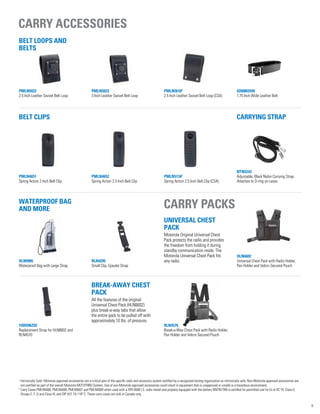 PMLN5023
3 Inch Leather Swivel Belt Loop
PMLN4651
Spring Action 2 Inch Belt Clip
HLN9985
Waterproof Bag with Large Strap
4200865599
1.75 Inch Wide Leather Belt
PMLN56102
2.5 Inch Leather Swivel Belt Loop (CSA)
PMLN51342
Spring Action 2.5 Inch Belt Clip (CSA)
NTN5243
Adjustable, Black Nylon Carrying Strap.
Attaches to D-ring on cases.
HLN6602
Universal Chest Pack with Radio Holder,
Pen Holder and Velcro Secured Pouch
PMLN4652
Spring Action 2.5 Inch Belt Clip
RLN4295
Small Clip, Epaulet Strap
1505596Z02
Replacement Strap for HLN6602 and
RLN4570
RLN4570
Break-a-Way Chest Pack with Radio Holder,
Pen Holder and Velcro Secured Pouch
Universal Chest
Pack
Motorola Original Universal Chest
Pack protects the radio and provides
the freedom from holding it during
standby communication mode. The
Motorola Universal Chest Pack fits
any radio.
Break-away chest
pack
All the features of the original
Universal Chest Pack (HLN6602)
plus break-a-way tabs that allow
the entire pack to be pulled off with
approximately 10 lbs. of pressure.
PMLN5022
2.5 Inch Leather Swivel Belt Loop
Carry accessories
Carry packs
Belt CLIPS
Waterproof bag
and more
Carrying strap
9
Belt loops and
belts
1
Intrinsically Safe: Motorola approved accessories are a critical part of the specific radio and accessory system certified by a recognized testing organization as intrinsically safe. Non-Motorola approved accessories are
not certified as part of the overall Motorola MOTOTRBO System. Use of non-Motorola approved accessories could result in equipment that is unapproved or unsafe in a hazardous environment.
2
Carry Cases PMLN5606, PMLN5608, PMLN5607 and PMLN5609 when used with a XPR 6580 I.S. radio model and properly equipped with the battery NNTN7789 is certified for permitted use for Ex ib IIC T4, Class II,
Groups E, F, G and Class III, and DIP A21 TA 110º C. These carry cases are sold in Canada only.
 