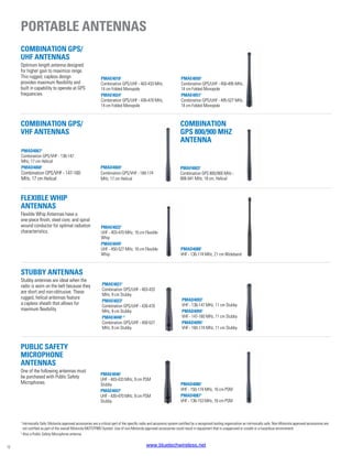 Combination GPS/
UHF Antennas
Optimum length antenna designed
for higher gain to maximize range.
This rugged, capless design
provides maximum flexibility and
built in capability to operate at GPS
frequencies.
Flexible Whip
Antennas
Flexible Whip Antennas have a
one-piece finish, steel core, and spiral
wound conductor for optimal radiation
characteristics.
Stubby Antennas
Stubby antennas are ideal when the
radio is worn on the belt because they
are short and non-obtrusive. These
rugged, helical antennas feature
a capless sheath that allows for
maximum flexibility.
Public Safety
Microphone
Antennas
One of the following antennas must
be purchased with Public Safety
Microphones.
Combination GPS/
VHF Antennas
PMAE40501
Combination GPS/UHF - 450-495 MHz,
14 cm Folded Monopole
PMAE40511
Combination GPS/UHF - 495-527 MHz,
14 cm Folded Monopole
PMAE40181
Combination GPS/UHF - 403-433 MHz,
14 cm Folded Monopole
PMAE40241
Combination GPS/UHF - 430-470 MHz,
14 cm Folded Monopole
PMAE40221
UHF - 403-470 MHz, 16 cm Flexible
Whip
PMAE40491
UHF - 450-527 MHz, 16 cm Flexible
Whip
PMAE40211
Combination GPS/UHF - 403-433
MHz, 9 cm Stubby
PMAE40231
Combination GPS/UHF - 430-470
MHz, 9 cm Stubby
PMAE40481, 2
Combination GPS/UHF - 450-527
MHz, 9 cm Stubby
PMAE40461
UHF - 403-433 MHz, 9 cm PSM
Stubby
PMAE40471
UHF - 430-470 MHz, 9 cm PSM
Stubby
PMAD40861
VHF - 150-174 MHz, 16 cm PSM
PMAD40871
VHF - 136-153 MHz, 16 cm PSM
PMAD40931
VHF - 136-147 MHz, 11 cm Stubby
PMAD40941
VHF - 147-160 MHz, 11 cm Stubby
PMAD40951
VHF - 160-174 MHz, 11 cm Stubby
PMAD40881
VHF - 136-174 MHz, 21 cm Wideband
Portable Antennas
Combination
GPS 800/900 MHz
Antenna
PMAD40691
Combination GPS/VHF - 160-174
MHz, 17 cm Helical
PMAD40671
Combination GPS/VHF - 136-147
MHz, 17 cm Helical
PMAD40681
Combination GPS/VHF - 147-160
MHz, 17 cm Helical
PMAF40031
Combination GPS 800/900 MHz -
806-941 MHz, 18 cm, Helical
12
1
Intrinsically Safe: Motorola approved accessories are a critical part of the specific radio and accessory system certified by a recognized testing organization as intrinsically safe. Non-Motorola approved accessories are
not certified as part of the overall Motorola MOTOTRBO System. Use of non-Motorola approved accessories could result in equipment that is unapproved or unsafe in a hazardous environment.
2
Also a Public Safety Microphone antenna.
www.bluetechwireless.net
 