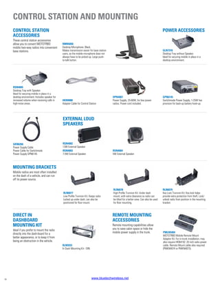 Control station
Accessories
These control station accessories
allow you to convert MOTOTRBO
mobile two-way radios into convenient
base stations.
Mounting brackets
Mobile radios are most often installed
on the dash of a vehicle, and can run
off its power source.
Direct In
Dashboard
Mounting Kit
Ideal if you prefer to mount the radio
directly into the dash-board for a
better appearance, or to keep it from
being an obstruction in the vehicle.
Remote Mounting
Accessories
Remote mounting capabilities allow
you to save cabin space or hide the
mobile power supply in the trunk.
Power Accessories
External loud
speakers
Control Station and MOUNTING
RMN5050
Desktop Microphone. Black.
Makes transmission easier for base station
users, as the mobile microphone does not
always have to be picked up. Large push-
to-talk button.
GLN7318
Desktop Tray without Speaker.
Ideal for securing mobile in place in a
desktop environment.
RSN4005
Desktop Tray with Speaker.
Ideal for securing mobile in place in a
desktop environment. Includes speaker for
increased volume when receiving calls in
high-noise areas.
HKN9088
Adapter Cable for Control Station
HPN4007
Power Supply, 25-60W, for low power
radios. Power cord included.
GPN6145
Switchmode Power Supply, 1-25W has
provision for back-up battery hook-up.
GKN6266
Power Supply Cable
Power Cable for Switchmode
Power Supply GPN6145
RSN4002
13W External Speaker
RSN4003
7.5W External Speaker
RSN4004
5W External Speaker
RLN6077
Low Profile Trunnion Kit. Keeps radio
tucked up under dash, can also be
positioned for floor mount.
RLN6078
High Profile Trunnion Kit. Under dash
mount, with extra clearance so radio can
be tilted for a better view. Can also be used
for floor mounting.
RLN6079
Key Lock Trunnion Kit. Key lock helps
provide extra protection from theft. Lock/
unlock radio from position in the mounting
bracket.
RLN5933
In Dash Mounting Kit - DIN
PMLN5404
MOTOTRBO Mobile Remote Mount
Adaptor Kit. For in-trunk installation, may
also require HKN4192. 20 inch radio power
cable. Remote Mount cable also required
(PMKN4074 or PMKN4073).
14 www.bluetechwireless.net
 
