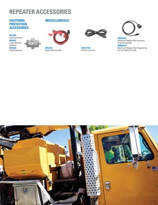 Repeater accessories
Lightning
Protection
Accessories
Miscellaneous
RRX4025
Lightning Arrestor
RRX4032
Tower Mounting
Hardware
RRX4038
Surge Suppressor
RKN4152
Battery Back-up Cable
3087791G01
120V AC Line Cord
PMKN4010
Mobile and Repeater Rear Accessory
Programming Cable
PMKN4016
Mobile and Repeater Rear Programming,
Test and Alignment Cable
19
 