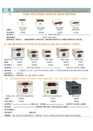 ALL TYPES OF STD. & NON STD TIMERS TO ALL APPLICATIONS
       1]                      TIME TOTALISER / DIGITAL HOUR METERS




                         DTT-1000                    DTT-2000                     DTT-3000                  DTT-56
   SIZE :                  96X96                      72X72                        48X96                  38X62X75
  CUTOUT :                  92X92
                               X92                        68X68                   44X92                    31X54
  RANGE :               ---------------------------------------------0—9999.59 Hr/Min--------------------------------------------------
                        ---------------------------------------------                --------------------------------------------------
  MEMORY :                                      NON VOLATILE
  OPTINAL INPUT :                PROXIMITY SWITCH / MICRO SWITCH / LIMIT SWITCH / PULSE

2] THUMB WHEEL SETTING FIX RANGE[Sec /Min /Hour ] PRESET TIMER




MODEL NO :       MDT-1300                 MDT-2300
                                          MDT                    MDT-3300                MDT-1400
                                                                                             1400              MDT-2500
SIZE        :          96X96                72X72                   96X48                    96X96                 72X72
CUTOUT :               92X92                 68X68                   92X44
                                                                     92                       92X92                 68X68
SUPPLY : ----------------            230 VAC, 50 HZ ---------------------------------             90-270 V AC/DC SMPS
RANGE           : --    2/3 DIGIT 9.9 / 99 / , 9.99 / 99.9 /999 SEC /MIN------9.99/99.9/999 & 99.99/999.9/9999 SEC/MIN
                                                                              9.99/99.9/999
OUTPUT : RELAY
OPTIONAL : MEMORY & ANY INPUT LOGIC
 3] THUMB WHEEL SETTING MULTIRANGE [Sec /Min /Hour ] PRESET TIMER




  MODEL NO : MDT-1310 (QUADRA-I)
                              I)                              MDT-2312 (QUADRA-II)                        MDT-4310
SIZE :                   96X96                                           72X72                               48X48
CUT OUT :                92X92                                            68X68                              44X44
SUPPLY :---------------------------- 230 V AC , 50 HZ------------------------------
                                                   HZ                                             90-270 V AC/DC , SMPS
RANGE : --------------------------------- 9.99/99.9/ 999 SEC / MIN SELECTABLE --------------------------------
SET POINT :                                      1
OUTPUT           :                       RELAY
NOTE : WE GIVE CUSTOM BUILT TIMERS TO ALL APPLICATIONS & DISPLAY BOARD
                                                                 BOARDS
 