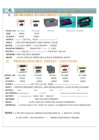 ALL TYPES OF COUNTERS TO ALL APPLICATIONS
   4]     THUMB WHEEL SETTING PRESET COUNTERS




 MODEL NO: TWS-1400M              TWS-
                                     -2500M           MPC-2412                  MECHANICAL COUNTERS

 SIZE      :          96X96          72X72
 CUTOUT :             92X92          68X68
 SUPPLY : ---------- 230 VAC , 50 HZ -----------------------------
 INPUT         : PNP /NPN PROXIMITY /LIMIT SWITCH , PULSE
RANGE          : 2,3,4,5 & 6 DIGIT --- 2,3,4,5 DIGITS
                                               DIGITS--- 4 DIGIT
NO.OF SET POINTS :              SINGLE SET ------- 2 / 3 SET
OUTPUT : ------ 1 RELAY ---------------------------- EACH SET 1 RELAY
 MEMORY : NON VOLATILE MEMORY
 RESET          : AUTO / MANUAL FRONT KEY & BACK TERMINNEL RESET.

 5]       PROGRAMMABLE PRESET COUNTERS



MODEL NO :            PC-1044         PC-2044
                                      PC                 PC-444            PC-1006
                                                                              1006                 PC -2006

SIZE       :           96X96           72X72               48X48            96X96                     72X72
CUTOUT :               92X92            68X68              44X44            92X92                     68X68
SUPPLY :------------------------ 90---
                                   ---270 V AC /DC , SMPS ---------------------------------------
INPUT     : PNP/NPN PROXIMITY SWITCH , LIMIT/MICRO SWITCH , AC/DC PULSES ,ENCODER
RANGE :           4+4                4+4                 4+4           6                          6
SET POINTS : ---------------                 1/2/3                     -------------------------------------------
OUTPUT           : ------------------ EACH SET       1 RELAY            -----------------------------------------
MEMORY            :                   NON VOLATILE MEMORY
RESET             :             AUTO / MANUAL FRONT KEY & BACK TERMINNEL
OPTIONAL          : CUSTOM BUILT ANY TYPES OF LOGICS & COMMUNICATION RS 485 MODBUS RTU



NOTE : 1]        WE GIVE ALSO ALL PRODUCTS IN BIG DISPLAY 1 INCH TO 12 INCH

               2] ANY TYPE – ANY QUANTITY ----            PRODUCTION DISPLAY BOARD
 