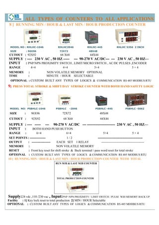 ALL TYPES OF COUNTERS TO ALL APPLICATIONS
 8 ] RUNNING MIN / HOUR & LAST MIN / HOUR PRODUCTION COUNTER




 MODEL NO : RHLHC-1046                 RHLHC2046               RHLHC-445               RHLHC 5356 2 INCH
 SIZE            : 96X96                 72X72                  48X48
 CUTOUT : 92X92                          68 X68                  44X44
SUPPLY : ---- 230 V AC , 50 HZ ----- --- 90-270 V AC/DC--- --- 230 V AC , 50 HZ—
INPUT : PNP/NPN PROXIMITY SWITCH , LIMIT/MICRO SWITCH , AC/DC PULSES ,ENCODER
 RANGE                4+4                  4+4                       5+4                           5+4
MEMORY            :               NON VOLATILE MEMORY OPTIONAL
TIME              :               MINUTE / HOUR SELECTABLE
 OPTIONAL : CUSTOM BUILT ANY TYPES OF LOGICS & COMMUNICATION RS 485 MODBUS RTU
9]   PRESS TOTAL STROKE & SHIFT
                          SHIFT/DAY STROKE COUNTER WITH BOTH HAND SAFETY LOGIC




 MODEL NO: PSBHLC-1046                PSBHLC     -2046               PSBHLC -445
                                                                             445              PSBHLC -5062

 SIZE        :        96X96                72X72                           48X48
 CUTOUT :             92X92                 68 X68                         44X44
SUPPLY : ---- ----- --- 90
                        90-270 V AC/DC --- ----------------------- 230 V AC , 50 HZ—
INPUT :      BOTH HAND PUSH BUTTON
 RANGE       :              6+4
                             +4                6+4                           5+4
                                                                              +4                   5+4
SET POINTS : ---------------                1/2                    -------------------------------------------
OUTPUT     : ------------------    EACH SET 1 RELAY                   -----------------------------------------
MEMORY :                           NON VOLATILE MEMORY
RESET       : Front key reset for shift stroke & Back terminal / pass word reset for total stroke
OPTIONAL : CUSTOM BUILT ANY TYPES OF LOGICS & COMMUNICATION RS 485 MODBUS RTU
10 ] RUNNING MIN / HOUR & LAST MIN / HOUR PRODUCTION COUNTER WITH TOTAL
                                      RUN M/H & LAST M/H COUNTER




                                       TOTAL PRODUCTION COUNTER




Supply:24 vdc ,110 /230 vac , Input:PNP /NPN PROXIMITY / LIMIT SWITCH / PULSE            WIH MEMORY BACK UP
Facility : 1] Key lock reset to total production 2] MIN / HOUR Selectable
OPTIONAL : CUSTOM BUILT ANY TYPES OF LOGICS & COMMUNICATION RS 485 MODBUS RTU
 