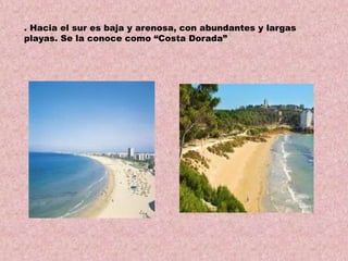 . Hacia el sur es baja y arenosa, con abundantes y largas
playas. Se la conoce como “Costa Dorada”

 