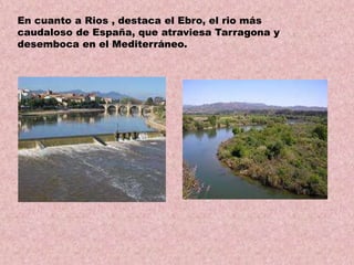 En cuanto a Rios , destaca el Ebro, el rio más
caudaloso de España, que atraviesa Tarragona y
desemboca en el Mediterráneo.

 