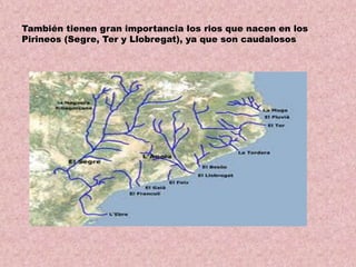 También tienen gran importancia los rios que nacen en los
Pirineos (Segre, Ter y Llobregat), ya que son caudalosos

 