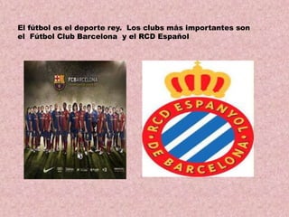 El fútbol es el deporte rey. Los clubs más importantes son
el Fútbol Club Barcelona y el RCD Español

 