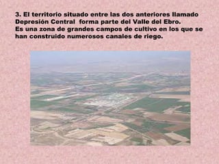 3. El territorio situado entre las dos anteriores llamado
Depresión Central forma parte del Valle del Ebro.
Es una zona de grandes campos de cultivo en los que se
han construido numerosos canales de riego.

 