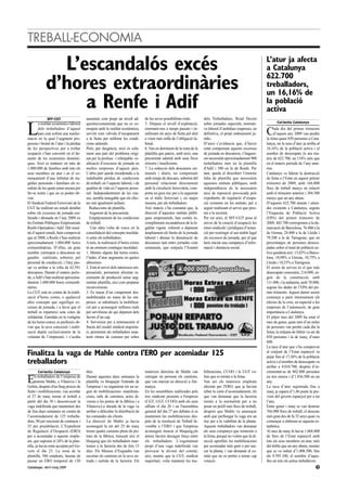 TREBALL-ECONOMIA

               L’escandalós excés                                                                                                                                   L’atur ja afecta
                                                                                                                                                                    a Catalunya
                                                                                                                                                                    622.700
             d’hores extraordinàries                                                                                                                                treballadors,
                                                                                                                                                                    un 16,16% de
                  a Renfe i Adif                                                                                                                                    la població
                                                                                                                                                                    activa
              SFF-CGT                    assumint com propi un nivell ad-         de les seves possibilitats reals.        dels Treballadors, Reial Decret
                                                                                                                                                                           Col·lectiu Catalunya


L
        a realitat econòmico-laboral     quisitiu/consumista que no es co-        5. Dispara el nivell d’explotació,       sobre jornades especials, normati-
                                         rrespon amb la realitat econòmica,       retornant-nos a temps passats i in-      va laboral d’ambdues empreses, en
        dels treballadors d’aquest
        país està sofrint una trasfor-
mació en la qual l’augment pro-
                                         servint com vàlvula d’escapament
                                         a la lluita per millorar les condi-
                                                                                  utilitzant els anys de lluita pel dret
                                                                                  a viure més enllà de l’obligació la-
                                                                                                                           definitiva, el propi ordenament ju-
                                                                                                                           rídic.
                                                                                                                                                                    C     ada dia del primer trimestre
                                                                                                                                                                          d’aquest any 2009 van perdre
                                                                                                                                                                    la feina quasi 850 persones a Cata-
gressiu i brutal de l’atur i la pèrdua   cions salarials.                         boral.                                   D’això s’evidencia que, d’haver          lunya, on la taxa d’atur ja arriba al
de les perspectives per a trobar         Però, per desgràcia, això és sola-       6. Van en detriment de la resta de la    estat compensats aquests excessos        16,16% de la població activa i el
ocupació s’han convertit en el de-       ment una part del problema origi-        plantilla que pateix, amb això, una      de jornada en descansos, s’hagues-       nombre de desocupats és ara ma-
sastre de les economies domèsti-         nat per la profusa –i rebutjable- re-    precarietat salarial amb sous fixos      sin necessitat aproximadament 900        teix de 622.700, un 114% més que
ques. Això es tradueix en més de         alització d’excessos de jornada en       irrisoris i insuficients.                treballadors més en la plantilla         en el mateix període de l’any ante-
1.000.000 de famílies amb tots els       moltes empreses d’aquest país.           7. La reducció dels descansos set-       d'Adif i 580 en la de Renfe. Per         rior.
seus membres en atur i en el co-         L’altra part queda encadenada a la       manals i diaris, no compensats           tant, queda al descobert l’enorme        Catalunya va liderar la destrucció
mençament d’una infinitat de tra-        indubtable pèrdua de condicions          amb temps de descans, sobretot del       falta de plantilla que necessiten        de feina a l’Estat en aquest primer
gèdies personals i familiars els re-     de treball, en l’aspecte laboral, i de   personal relacionat directament          aquestes entitats públiques, amb         trimestre de 2009, amb 166.800
sultats de les quals estan encara per    qualitat de vida en l’aspecte perso-     amb la circulació ferroviària, com-      independència de la necessària           llocs de treball menys en relació
fer-se sentir i que no es poden ob-      nal. Independentment de les cau-         porta un greu risc per a la seguretat    taxa de reposició provocada pels         amb el trimestre anterior i 304.300
viar.                                    ses, sembla innegable que els efec-      en el tràfic ferroviari i, en major      expedients de regulació d’ocupa-         menys que un any abans.
El Sindicat Federal Ferroviari de la     tes són igualment nefasts:               mesura, per als treballadors.            ció existents en les entitats, per a     D’aquests 622.700 aturats i atura-
CGT ha realitzat un estudi detallat         Reduccions de plantilla.              Així mateix s’ha constatat que, la       seguir realitzant el servei que pres-    des existents a Catalunya, segons
sobre els excessos de jornada rea-          Augment de la precarietat.            direcció d’aquestes entitats públi-      ten a la societat.                       l’Enquesta de Població Activa
litzada i abonada en l’any 2008 en          Empitjorament de les condicions       ques empresarials, han comès in-         Per tot això, el SFF-CGT posa al         (EPA) del primer trimestre de
les Entitats Públiques Empresarials      de treball.                              compliments escandalosos de la le-       servei de la creació d’ocupació les      2009, 442.700 corresponen a la de-
Renfe-Operadora i Adif. Del resul-          Una altra volta de rosca en la        galitat vigent, referent a depassar      eines sindicals i jurídiques d’actua-    marcació de Barcelona, 76.400 a la
tat d’aquest estudi, hem comprovat       consolidació del concepte insolida-      àmpliament els límits de la jornada      ció per restringir al seu àmbit legal    de Girona, 24.400 a la de Lleida i
que al 2008, a Renfe s’han realitzat     ri entre els treballadors.               laboral i abonar la disminució de        els excessos de jornada, per al que      79.200 a la de Tarragona, que en
aproximadament 1.004.000 hores           A més, la realització d’hores extres     descansos tant entre jornades com        hem iniciat una campanya d’infor-        percentatges de persones desocu-
extraordinàries. D’elles, un gran        té un eminent contingut insolidari:      setmanals, que estipula l’Estatut        mació i denúncia social.                 pades sobre el total de població ac-
nombre correspon a descansos no          1. Mentre alguns fan hores extres,                                                                                         tiva quedaria així: 15,83% a Barce-
gaudits realitzats, sobretot, pel        l’índex d’atur augmenta en quotes                                                                                          lona, 18,99% a Girona, 10,75% a
personal de conducció, i l'any pas-      altíssimes.                                                                                                                Lleida i 18,53% a Tarragona.
sat va arribar a la xifra de 62.591      2. Està al servei dels interessos em-                                                                                      El sector de serveis és el que més
descansos. Durant el mateix perío-       presarials; permetent afrontar in-                                                                                         desocupats concentra, 214.000, se-
de, a Adif s’han realitzat aproxima-     crements de producció sense aug-                                                                                           guit de la construcció, amb
dament 1.600.000 hores extraordi-        mentar plantilla, així com preparar                                                                                        111.400, i la indústria, amb 78.000,
nàries.                                  reconversions.                                                                                                             segons les dades de l’EPA del pri-
La CGT està en contra de la realit-      3. Es tracta d’un component des-                                                                                           mer trimestre. Aquest darrer sector
zació d’hores extres, o qualsevol        mobilitzador en mans de les em-                                                                                            comença a patir intensament els
altre concepte que signifiqui ex-        preses: se substitueix la mobilitza-                                                                                       efectes de la crisi, en especial a les
cessos de jornada, i a favor que el      ció per a aconseguir millores reals                                                                                        empreses de l’automoció, de gran
treball es reparteixi sota cotes de      pel servilisme de qui depenen dels                                                                                         importància a Catalunya.
solidaritat. Enredats en la voràgine     favors d’un cap.                                                                                                           El pitjor mes del 2009 ha estat el
de les hores extres, es prefereix ob-    4. Serveixen per a emmascarar el                                                                                           mes de gener, quan més d’un miler
viar que la seva concessió i realit-     fracàs del model sindical majorita-                                                                                        de persones van perdre cada dia la
zació depèn exclusivament de la          ri, permetent als treballadors man-                                                                                        feina; la mitjana de febrer va ser de
voluntat de l’empresari, i s’acaba       tenir ritmes de consum per sobre                                                                                           850 persones i la de març, d’unes
                                                                                                                                                                    600.
                                                                                                                                                                    La taxa d’atur que s’ha comprovat
Finalitza la vaga de Mahle contra l'ERO per acomiadar 125                                                                                                           al conjunt de l’Estat espanyol va
                                                                                                                                                                    pujar fins al 17,36% de la població
treballadors                                                                                                                                                        activa i el nombre de desocupats va
                                                                                                                                                                    arribar a 4.010.700, després d’in-
       Col·lectiu Catalunya              dies.                                    mateixos directius de Mahle van          bilitzacions, CCOO i la UGT vo-          crementar-se de 802.800 persones

E     ls treballadors de l’empresa de
      pistons Mahle, a Vilanova i la
Geltrú, després d'un llarg procés de
                                         Durant aquestes dues setmanes la
                                         plantilla va bloquejar l'entrada de
                                         l'empresa i va organitzar tot un se-
                                                                                  carregar en persona els camions,
                                                                                  que van marxar en direcció a Ale-
                                                                                  manya.
                                                                                                                           lien que es tornés a la feina.
                                                                                                                           Van ser els mateixos empleats
                                                                                                                           afectats per l'ERO, que ja havien
                                                                                                                                                                    en tres mesos i d’1.836.500 en un
                                                                                                                                                                    any.
                                                                                                                                                                    La taxa d’atur registrada fins a
lluita i mobilitzacions, van acordar     guit de mobilitzacions: manifesta-       En les assemblees realitzades pels       rebut la carta d’acomiadament, els       març ja supera d’1,46 punts la pre-
el 27 de març tornar al treball a        cions, talls de carretera, actes di-     tres sindicats presents a l'empresa      que van demanar que la factoria          visió del govern espanyol per a tot
partir del dia 30 i desconvocar la       versos a les portes de la fàbrica i a    (CGT, UGT, CCOO) amb els seus            tornés a la normalitat per a no          l’any.
vaga indefinida que mantenien des        Vilanova.La durada de la vaga va         afiliats el dia 26 i en l'assemblea      posar en perill més llocs de treball,    Entre gener i març es van destruir
de feia dues setmanes en contra de       arribar a dificultar la distribució de   general del dia 27 per debatre si es     després que Mahle va amenaçar            766.000 llocs de treball, el descens
l’acomiadament de 125 treballa-          les comandes als clients.                mantenien les mobilitzacions des-        amb que perllongar la vaga era un        més gran des de fa 32 anys quan va
dors, 90 per rescissió de contracte i    La direcció de Mahle ja havia            prés de la resolució de Treball fa-      risc per a la viabilitat de la planta.   començar a elaborar-se aquesta es-
35 per prejubilació. L’Expedient         aconseguit la nit del 25 de març         vorable a l’ERO i que l'empresa          Aquests treballadors van demanar         tadística.
de Regulació d’Ocupació (ERO)            treure quatre camions plens de pis-      aconseguís trencar el bloqueig,els       als seus companys que tornessin a        Al mes de març hi havia 1.068.400
per a acomiadar a aquests emple-         tons de la fàbrica, trencant així el     ànims havien decaigut força entre        la feina, perquè no volien que la di-    de llars de l’Estat espanyol amb
ats, que suposen el 24% de la plan-      bloqueig que els treballadors man-       els treballadors. L’esgotament           recció aprofités les mobilitzacions      tots els seus membres en atur, més
tilla, ja havia estat acceptat pel Go-   tenien a la factoria des de feia 15      propi d’una vaga indefinida van          per acomiadar més gent o per tan-        del doble que un any abans, mentre
vern el dia 23. La resta de la           dies. Els Mossos d’Esquadra van          provocar la divisió del comitè;          car la planta, i van demanar al co-      que es va reduir d’1.008.500, fins
plantilla, 386 empleats, hauran de       escortar els camions en la seva en-      així, mentre que la CGT, sindicat        mitè que no es portés a terme cap        als 9.595.100, el nombre d’aque-
passar un ERO temporal de 120            trada i sortida de la factoria. Els      majoritari, volia mantenir les mo-       votació.                                 lles on tots els actius treballaven.
Catalunya. Abril-maig 2009                                                                                                                                                                             11
 