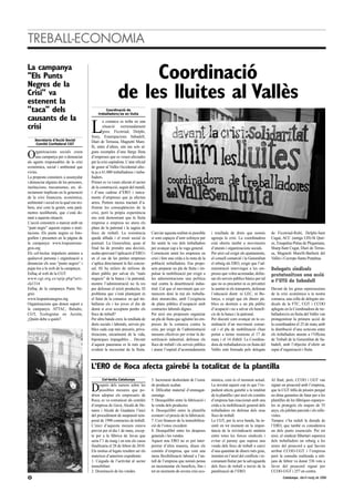 TREBALL-ECONOMIA

La campanya
"Els Punts
Negres de la
                                                                 Coordinació
Crisi" va
estenent la
                                                            de les lluites al Vallès
"taca" dels                                        Coordinació de
                                              treballadors/es en lluita
causants de la
                                         L
                                                 a comarca es troba en una
crisi                                            situació extremadament
                                                 greu: Ficotriad, Delphi,
                                         Sony, Estampacions Sabadell,
     Secretaria d’Acció Social           Diari de Terrassa, Magnetti Mare-
      Comitè Confederal CGT
                                         lli, entre d’altres, són tan sols al-

O     rganitzacions socials creen
      una campanya per a denunciar
als agents responsables de la crisi
                                         guns exemples d’una llarga llista
                                         d’empreses que es veuen afectades
                                         per la crisi capitalista. L’atur oficial
econòmica, social i ambiental que        de gener al Vallès Occidental afec-
vivim.                                   ta ja a 61.000 treballadores i treba-
La proposta consisteix a assenyalar      lladors.
i denunciar algunes de les persones,     Primer es va veure afectat el sector
institucions, mecanismes, etc. di-       de la construcció, seguit del metall,
rectament implicats en la generació      i d’una cadena d’ERO i tanca-
de la crisi financera, econòmica,        ments d’empreses que ja afecten
ambiental i social en la qual ens tro-   arreu. Portem mesos tractant d’a-
bem, així com la gestió, sota parà-      frontar les conseqüències de la
metres neoliberals, que s’està do-       crisi, però la pròpia experiència
nant a aquesta situació.                 ens està demostrant que la lluita
L’acció consisteix a marcar amb un       empresa a empresa no atura els
“punt negre” aquests espais o insti-     plans de la patronal i la sagnia de
tucions. Els punts negres es foto-       llocs de treball. La resistència           Canviar aquesta realitat és possible     i retallada de drets que només             de Ficotriad-Rubí, Delphi-Sant
grafien i presenten en la pàgina de      queda aïllada i el ressò social és         si som capaços d’unir esforços per       agreuja la crisi. La coordinadora          Cugat, ACC (antiga UH)-St Quir-
la campanya: www.lospuntosne-            puntual. La Generalitat, quan al           fer sentir la veu dels treballadors      està oberta també a moviments              ze, Essapalau-Palau de Plegamans,
gros.org                                 final ha de prendre una decisió,           per avançar cap a la vaga general.       d’aturats i organitzacions socials.        Sharp-Sant Cugat, Diari de Terras-
Els col·lectius impulsors animen a       acaba aprovant l’aplicació d’ERO i         Comencem unint les empreses en           Per això cal exigir als ajuntaments,       sa, Magnetti Marelli-Barberà del
qualsevol persona i organització a       en el cas de les petites empreses          crisi i fem una crida a la resta de la   el consell comarcal i la Generalitat       Vallès i Cecrops-Santa Perpètua.
denunciar els seus “punts negres” i      s’aplica directament la llei concur-       població treballadora. Ens propo-        el rebuig als ERO, exigir que l’ad-
pujar-los a la web de la campanya.       sal. Hi ha milers de milions de            sem preparar un pla de lluita i im-      ministració intervingui a les em-          Delegats sindicals
Enllaç al web de la CGT:                 diner públic per salvar els “mals          pulsar la mobilització per exigir a      preses que volen acomiadar, defen-         protatonitzen una acció
www.cgt.org.es/spip.php?arti-            negocis” de la banca i la patronal,        les administracions una política         sar els serveis públics bàsics per tal
cle1314
                                                                                                                                                                        a l’OTG de Sabadell
                                         mentre l’administració no fa res           real contra la desertització indus-      que no es precaritzi ni es privatitzi
Enllaç de la campanya Punts Ne-          per defensar el teixit productiu. El       trial. Cal que el moviment que co-       la sanitat ni els transports, defensar     Davant de les greus repercussions
gres:                                    problema que s’està plantejant és          mencem doni la mà als treballa-          l´educació dient: ni LEC, ni Bo-           de la crisi econòmica a la nostra
www.lospuntosnegros.org                  el futur de la comarca: en què tre-        dors aturats/des, amb l’exigència        lonya, o exigir que els diners pú-         comarca, una colla de delegats sin-
Organitzacions que donen suport a        ballaran els i les joves el dia de         de plans públics d’ocupació amb          blics es destinin a un pla públic          dicals de la FTC, CGT i CCOO
la campanya: ATTAC, Baladre,             demà si avui acceptem perdre els           contractes laborals dignes.              d’ocupació i no a salvar els benefi-       aplegats en la Coordinadora de tre-
CGT, Ecologistas en Acción,              llocs de treball?                          Per això ens proposem organizar          cis de la banca i la patronal.             balladors/es en lluita del Vallès van
¿Quién debe a quién?.                    Per altra banda creix la retallada de      un pla de lluita que aglutini les em-    Per discutir com avançar en la co-         protagonitzar la primera acció de
                                         drets socials i laborals, serveis pú-      preses de la comarca contra la           ordinació d’un moviment comar-             la coordinadora el 25 de març amb
                                         blics cada cop més precaris, priva-        crisi, per exigir de l’administració     cal i el pla de mobilització s'han         la distribució d’una octaveta entre
                                         titzacions, encariment de la vida,         mesures efectives per evitar la de-      portat a terme reunions el 17 de           els treballadors aturats a l’Oficina
                                         hipoteques impagables… Davant              sertització industrial, defensar els     març i el 14 d'abril. La Coordina-         de Treball de la Generalitat de Sa-
                                         d´aquest panorama es fa més que            llocs de treball i els serveis públics   dora de treballadors/es en lluita del      badell, amb l’objectiu d’oferir un
                                         evident la necessitat de la lluita.        i aturar l’espiral d’acomiadaments       Vallès està formada pels delegats          espai d’organizació i lluita.



                                         L’ERO de Roca afecta gairebé la totalitat de la plantilla
                                                Col·lectiu Catalunya                3. Increment desbordant de l’estoc       nòmica, com és el moment actual.           Al final, però, CCOO i UGT van

                                         D     esprés dels rumors sobre les
                                               possibles mesures que po-
                                         drien adoptar els empresaris de
                                                                                    de producte acabat.
                                                                                    4. Dificultat material d’emmagat-
                                                                                    zematge.
                                                                                                                             La novetat aquest cop és que l’ex-
                                                                                                                             pedient afecta gairebé a la totalitat
                                                                                                                             de la plantilla i per això els comitès
                                                                                                                                                                        signar un preacord amb l’empresa,
                                                                                                                                                                        que la CGT titlla de pèssim perquè
                                                                                                                                                                        no dóna garanties de futur per a les
                                         Roca, es va comunicar als comitès          5. Desequilibri entre la fabricació i    d’empresa han reaccionat amb una           plantilles de les fàbriques espanyo-
                                         d’empresa de Gavà, Alcalá de He-           la venda dels productes.                 crida a la mobilització general dels       les ni protegeix els majors de 55
                                         nares i Alcalá de Guadaira l’inici         6. Desequilibri entre la plantilla       treballadors en defensa dels seus          anys, els jubilats parcials i els relle-
                                         del procediment de suspensió tem-          existent i el procés de la fabricació.   llocs de treball.                          vistes.
                                         poral de 1990 contractes de treball.       7. Cost financer de la immobilitza-      La CGT, per la seva banda, ha in-          Tampoc s’ha reduït la durada de
                                         L’inici d’aquesta mesura estava            ció de l’estoc excedent.                 sistit en tot moment en la impor-          l’ERO, que també es considerava
                                         previst per al dia 1 de març, excep-       8. Desequilibri entre les despeses       tància de la reivindicació unitària        un dels punts essencials. Per tot
                                         te per a la fàbrica de Javas que           generals i les vendes.                   entre totes les forces sindicals i         això, el sindicat llibertari esperava
                                         seria l’1 de maig i en tots els casos      Aquest nou ERO no es pot inter-          evitar el parany que suposa una            dels treballadors un rebuig a les
                                         finalitzaria el 28 de febrer de 2010.      pretrar d’altra manera, diuen els        venda dels llocs de treball a canvi        urnes del preacord a què havien
                                         Els motius al·legats resulten ser els      comitès d’empresa, que com una           d’una quantitat de diners més gran,        arribat CCOO-UGT i l’empresa
                                         mateixos d’anteriors expedients:           mera flexibilització laboral a l’an-     insistint en l’arrel del conflicte i re-   però la consulta realitzada a mit-
                                         1. Caiguda de l’activitat al sector        tull de l’empresa que només pensa        comanant lluitar per la salvaguarda        jans de febrer va donar 536 vots a
                                         immobiliari.                               en incrementar els beneficis, fins i     dels llocs de treball a través de la       favor del preacord signat per
                                         2. Disminució de les vendes.               tot en moments de severa crisi eco-      paralització de l’ERO.                     CCOO-UGT i 257 en contra.
12                                                                                                                                                                              Catalunya. Abril-maig de 2006
 