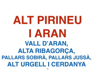 ALT PIRINEU
I ARAN
VALL D’ARAN,
ALTA RIBAGORÇA,
PALLARS SOBIRÀ, PALLARS JUSSÀ,
ALT URGELL I CERDANYA10
 