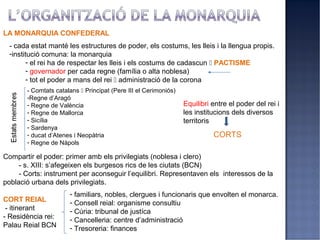 LA MONARQUIA CONFEDERAL
  - cada estat manté les estructures de poder, els costums, les lleis i la llengua propis.
  -institució comuna: la monarquia
         - el rei ha de respectar les lleis i els costums de cadascun  PACTISME
         - governador per cada regne (família o alta noblesa)
         - tot el poder a mans del rei  administració de la corona
       - Comtats catalans  Principat (Pere III el Cerimoniós)
       -Regne d’Aragó
       - Regne de València                                       Equilibri entre el poder del rei i
       - Regne de Mallorca                                       les institucions dels diversos
       - Sicília                                                 territoris
       - Sardenya
       - ducat d’Atenes i Neopàtria                                        CORTS
       - Regne de Nàpols

Compartir el poder: primer amb els privilegiats (noblesa i clero)
     - s. XIII: s’afegeixen els burgesos rics de les ciutats (BCN)
     - Corts: instrument per aconseguir l’equilibri. Representaven els interessos de la
població urbana dels privilegiats.
                      - familiars, nobles, clergues i funcionaris que envolten el monarca.
CORT REIAL            - Consell reial: organisme consultiu
 - itinerant          - Cúria: tribunal de justíca
- Residència rei:     - Cancelleria: centre d’administració
Palau Reial BCN       - Tresoreria: finances
 