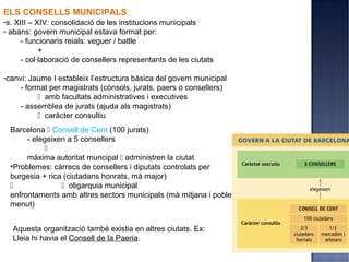 ELS CONSELLS MUNICIPALS
-s. XIII – XIV: consolidació de les institucions municipals
- abans: govern municipal estava format per:
      - funcionaris reials: veguer / batlle
            +
      - col·laboració de consellers representants de les ciutats

-canvi: Jaume I estableix l’estructura bàsica del govern municipal
     - format per magistrats (cònsols, jurats, paers o consellers)
            amb facultats administratives i executives
     - assemblea de jurats (ajuda als magistrats)
            caràcter consultiu
  Barcelona  Consell de Cent (100 jurats)
       - elegeixen a 5 consellers
            
       màxima autoritat muncipal  administren la ciutat
  •Problemes: càrrecs de consellers i diputats controlats per
  burgesia + rica (ciutadans honrats, mà major)
                 oligarquia municipal
  enfrontaments amb altres sectors municipals (mà mitjana i poble
  menut)


  Aquesta organització també existia en altres ciutats. Ex:
  Lleia hi havia el Consell de la Paeria.
 