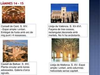 Consell de Cent. S. XIV.      Llotja de València. S. XV-XVI.
- Espai ample i unitari.      Façana de tres cossos,
Embigat de fusta amb arc de   rectangular,decorada amb
mig punt i 4 rossasses.       merlets. No hi ha arcbotants.




Castell de Bellver. S. XIV.    Llotja de Mallorca. S. XV. Espai
Planta circular amb torres     ample i unitari, amb columnes
adossades. Galeria d’arcs      helicoïdals sense capitell.
ogivals.
 