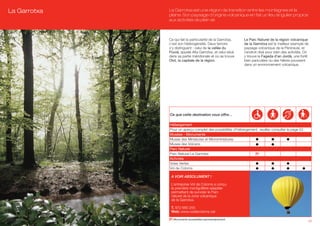 La Garrotxa   La Garrotxa est une région de transition entre les montagnes et la
              plaine. Son paysage d’origine volcanique en fait un lieu singulier propice
              aux activités de plein air.



              Ce qui fait la particularité de la Garrotxa,   Le Parc Naturel de la région volcanique
              c’est son hétérogénéité. Deux terroirs         de la Garrotxa est le meilleur exemple de
              s’y distinguent : celui de la vallée du        paysage volcanique de la Péninsule, et
              Fluvià, appelé Alta Garrotxa, et celui situé   l’endroit rêvé pour bien des activités. On
              dans sa partie méridionale et où se trouve     y trouve la Fageda d’en Jordà, une forêt
              Olot, la capitale de la région.                bien pariculière où des hêtres poussent
                                                             dans un environnement volcanique.




              Ce que cette destination vous offre…

              Hébergement
              Pour un aperçu complet des possibilités d’hébergement, veuillez consulter la page 52.
              Musées - Monuments                                    (A)
              Musse des Miniatures et Microminiatures
              Musee des Volcans
              Parc Naturel
              Parc Naturel La GarrotxaActiivitats                 (P)
              Activités
              Voies Vertes
              Vol de Coloms

               A VOIR ABSOLUMENT !

               L’entreprise Vol de Coloms a conçu
               la première montgolfière adaptée
               permettant de survoler le Parc
               naturel de la zone volcanique
               de la Garrotxa.

               T. 972 680 255
               Web: www.voldecoloms.cat

              (P) Monuments accessibles panoramiquement.
                                                                                                          21
 
