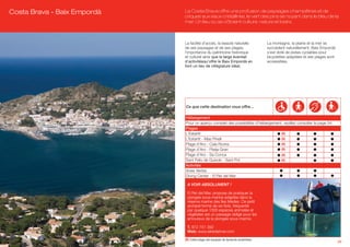 Costa Brava - Baix Empordà   La Costa Brava offre une profusion de paysages champêtres et de
                             criques aux eaux cristallines, le vert des pins se noyant dans le bleu de la
                             mer. Un lieu où se côtoient culture, nature et loisirs.



                             La facilité d’accès, la beauté naturelle              La montagne, la plaine et la mer se
                             de ses paysages et de ses plages,                     succèdent naturellement. Baix Empordà
                             l’importance du patrimoine historique                 s’est doté de pistes cyclables pour
                             et culturel ainsi que le large éventail               bicyclettes adaptées et ses plages sont
                             d’activitésqu’offre le Baix Empordà en                accessibles.
                             font un lieu de villégiature idéal.




                             Ce que cette destination vous offre…

                             Hébergement
                             Pour un aperçu complet des possibilités d’hébergement, veuillez consulter la page 54.
                             Plages
                             L’Estartit                                           (A)
                             L’Estartit - Mas Pinell                              (A)
                             Plage d’Aro - Cala Rovira                            (A)
                             Plage d’Aro - Platja Gran                            (A)
                             Plage d’Aro - Sa Conca                               (A)
                             Sant Feliu de Guíxols - Sant Pol                     (A)
                             Activités
                             Voies Vertes
                             Diving Center - El Rei del Mar

                              A VOIR ABSOLUMENT !

                              El Rei del Mar, propose de pratiquer la
                              plongée sous-marine adaptée dans la
                              réserve marine des îles Medes. Ce petit
                              archipel formé de six îlots, fréquenté
                              par quelque 1300 espèces animales et
                              végétales est un passage obligé pour les
                              amoureux de la plongée sous-marine.

                              T. 972 751 392
                              Web: www.elreidelmar.com

                             (A) Cette plage est équipée de fauteuils amphibies.
                                                                                                                             29
 