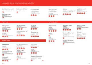 Annuaire des entreprises et des activités


SANT FELIU DE BARRUERA     SANTA MARIA DE TAÜLL      Parcs nationaux         Parcs nationaux          Activités                    LES PLANES DE SON
973696715                  973696715                                                                                               973626722
www.centreromanic.com      www.centreromanic.com     PARC NATIONAL           PARC NATIONAL            CENTRE HIPPIQUE PEUFORT      973626722
                                                     D’ AIGÜESTORTES         D’ AIGÜESTORTES          618303873 / 609732776        www.lesplanesdeson.com/
                                                     973624036                                        www.hipicapeufort.es
                                                     mediambient.gencat.ct   973624036
SANT JOAN DE BOÍ                                                             mediambient.gencat.cat
973696715
www.centreromanic.com




Val d’Aran                                                                   La Seu d’Urgell


Hébergement                ETH REFUGI D’ARAN         SOL VIELHA              Hébergement              PARADOR DE LA SEU            MUSEE DIOCESAIN
                           973643 002                973638 000                                       D’URGELL                     973353242
ACEVI VAL D’ARAN           www.elrefugiodearan.com   www.solmelia.com        AVENIDA                  973352000                    www.museudiocesaurgell.org
973643233                                                                    973350104                www.parador.es
www.acevihotels.com                                                          www.avenhotel.com
                           PARADOR NATIONAL VAL
                           D’ARAN                    Stations de ski                                                               Activités
ESTAMPA                    973640 100                                        LA SEU                   Musées et Monuments
973640 048                 www.parador.es            BAQUEIRA BERET          973352400                                             PARC OLYMPIQUE DU
www.hotelcasaestampa.com                             www.baqueira.es                                  CATHEDRALE                   SEGRE
                                                                                                      973353242                    973360092
                                                                                                      www.museudiocesaurgell.org   www.parcolimpic.com
                                                                             NICE
                                                                             973352100
                                                                             www.hotelnice.net
Pallars Sobirá                                                                                        EGLISE DE SANT MIQUEL
                                                                                                      973353242
                                                                                                      www.museudiocesaurgell.org

Hébergement                LO PALLÉ DE CAL BOSCH 1   ROCA BLANCA
                           (Casa Rural)              973624156
CARDÓS                     973620040                 www.rocablanca.net
973623100                  www.calbosch.com
www.hotelcardos.com
                                                     SAURAT
                           PENSIÓ LA CREU            973624162
CONDES DEL PALLARS         973626437                 www.hotelsaurat.com
973620350                  www.pensiolacreu.com
www.condesdelpallars.com

                           PESSETS II                Musées et Monuments
LES BRASES                 973620000
973621071                  www.hotelpessets.com      MUSEE DES PAPILLONS
www.hotelbrases.com                                  973620743




50                                                                                                                                                              51
 