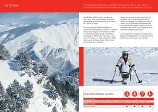 Val d’Aran   Niché dans les Pyrénées centrales, le Val d’Aran offre à ses visiteurs
             toutes les possibilités de divertissement de la nature, de l’art et du sport.



             Niché dans les Pyrénées centrales, le             Après une journée riche d’aventures, la
             Val d’Aran offre à ses visiteurs toutes les       meilleure façon de se détendre est de
             possibilités de divertissement de la nature,      partir se promener tranquillement dans la
             de l’art et du sport.                             vallée, au gré des églises enserrées par
                                                               d’incomparables écrins naturels, puis de
             Son paysage de haute montagne se                  reprendre des forces en se régalant de la
             compose d’écosystèmes variés. Un endroit          fameuse potée du Val d’Aran.
             rêvé pour pratiquer de multiples activités
             montagnardes telles que la randonnée,             Il est également possible de visiter le Parc
             l’escalade, le VTT, le tir à l’arc, etc. Le ski   National d’Aigüestortes et l’étang de Sant
             est à l’honneur à la station Baqueira-Beret,      Maurici, qui se trouvent à proximité.
             qui dispose de toutes les infrastructures
             nécessaires à sa pratique.




             Ce que cette destination vous offre…

             Hébergement
             Pour un aperçu complet des possibilités d’hébergement, veuillez consulter la page 50.
             Stations de ski
             Baqueira-Beret
                                                                                                           11
 