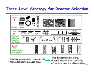 48
Three
Three-
-Level Strategy for Reactor Selection
Level Strategy for Reactor Selection
Level
I
Level
I
Level
II
Level
III
Catalyst Design
Reactant
& Energy
Injection
Strategies
Hydrodynamic
Flow Regimes
• Analyze process on three levels
• Make decisions on each level
Use fundamentals, data,
& basic models for screening
of various reactor alternatives
 