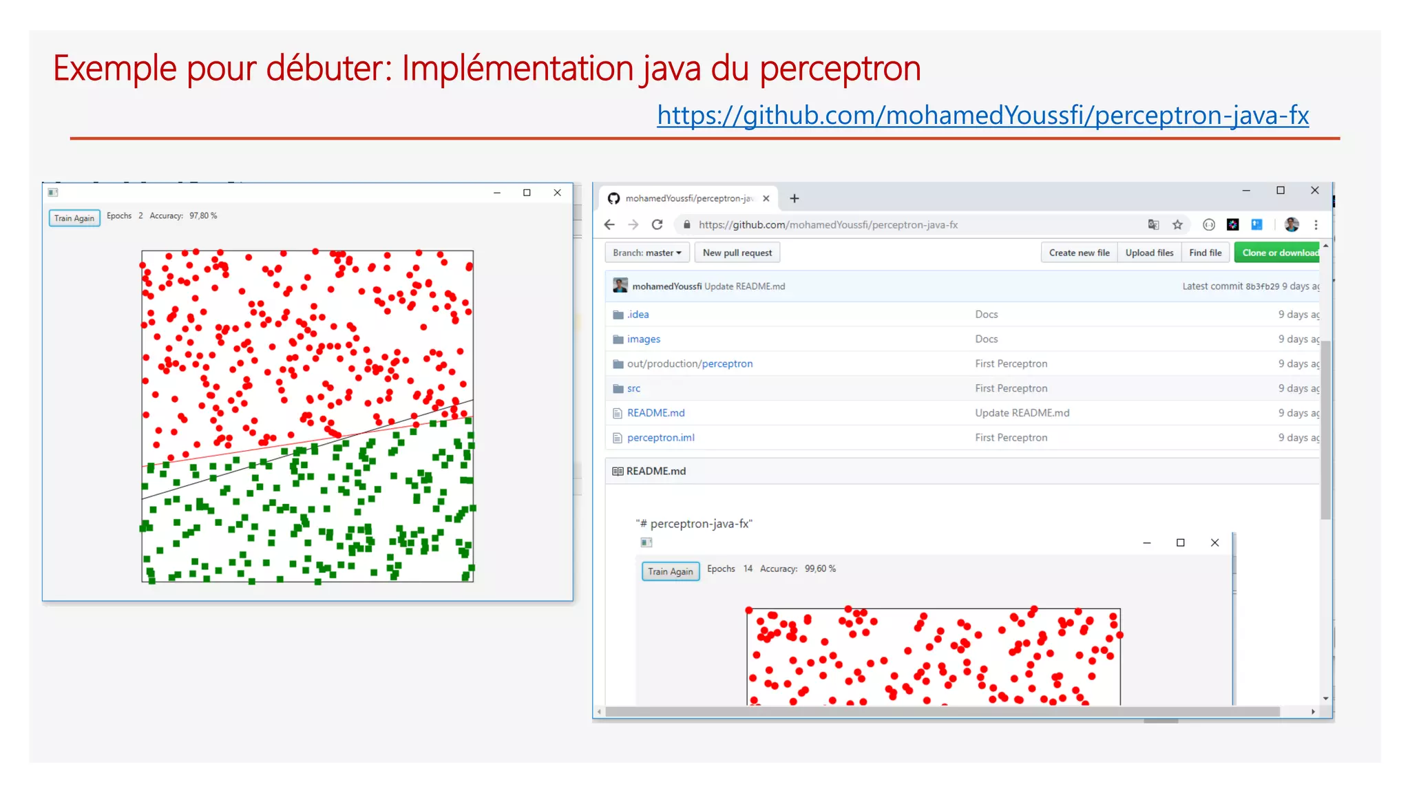 Exemple pour débuter: Implémentation java du perceptron
https://github.com/mohamedYoussfi/perceptron-java-fx
 