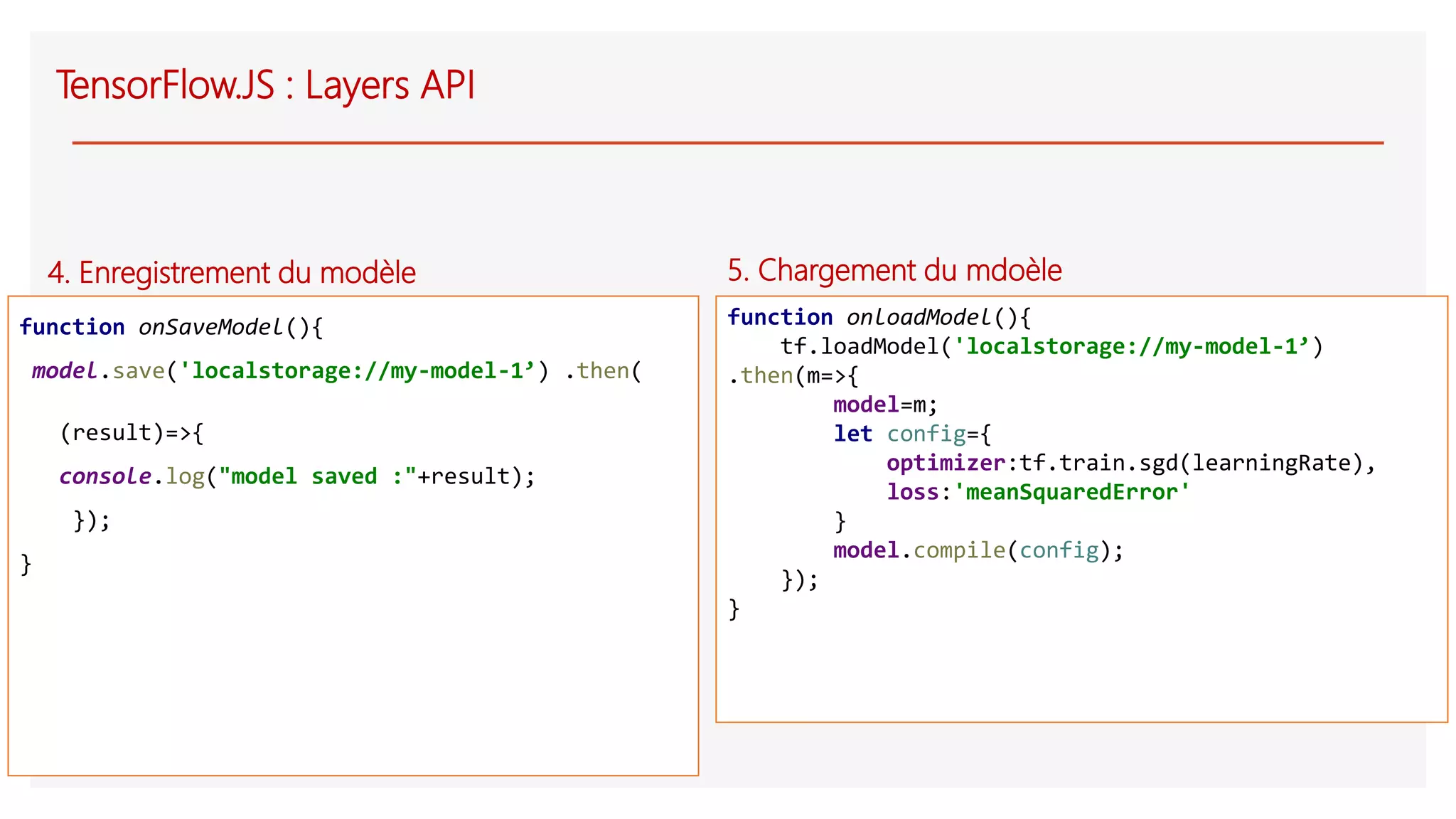 4. Enregistrement du modèle
function onSaveModel(){
model.save('localstorage://my-model-1’) .then(
(result)=>{
console.log("model saved :"+result);
});
}
function onloadModel(){
tf.loadModel('localstorage://my-model-1’)
.then(m=>{
model=m;
let config={
optimizer:tf.train.sgd(learningRate),
loss:'meanSquaredError'
}
model.compile(config);
});
}
5. Chargement du mdoèle
TensorFlow.JS : Layers API
 
