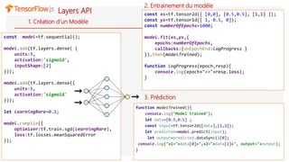 1. Création d’un Modèle
const model=tf.sequential();
model.add(tf.layers.dense( {
units:5,
activation:'sigmoid',
inputShape:[2]
}));
model.add(tf.layers.dense({
units:1,
activation:'sigmoid'
}));
let learningRare=0.1;
model.compile({
optimizer:tf.train.sgd(learningRare),
loss:tf.losses.meanSquaredError
});
const xs=tf.tensor2d([ [0,0], [0.5,0.5], [1,1] ]);
const ys=tf.tensor1d([ 1, 0.5, 0]);
const numberOfEpochs=1000;
model.fit(xs,ys,{
epochs:numberOfEpochs,
callbacks:{onEpochEnd:logProgress }
}).then(modelTrained);
function logProgress(epoch,resp){
console.log(epoch+"=>"+resp.loss);
}
function modelTrained(){
console.log("Model trained");
let data=[0.5,0.5] ;
const input=tf.tensor2d([data],[1,2]);
let predicted=model.predict(input);
let output=predicted.dataSync()[0];
console.log("x1="+data[0]+",x2="+data[1]+", output="+output);
}
2. Entrainement du modèle
3. Prédiction
Layers API
 