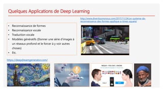 Quelques Applications de Deep Learning
• Reconnaissance de formes
• Reconnaissance vocale
• Traduction vocale
• Modèles génératifs (Donner une série d’images à
un réseaux profond et le forcer à y voir autres
choses)
• Etc.
http://www.divertissonsnous.com/2017/11/24/un-systeme-de-
reconnaissance-des-formes-applique-a-times-square/
https://deepdreamgenerator.com/
 