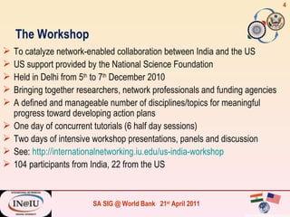 The Workshop To catalyze network-enabled collaboration between India and the US US support provided by the National Science Foundation Held in Delhi from 5 th  to 7 th  December 2010 Bringing together researchers, network professionals and funding agencies A defined and manageable number of disciplines/topics for meaningful progress toward developing action plans  One day of concurrent tutorials (6 half day sessions) Two days of intensive workshop presentations, panels and discussion See:  http://internationalnetworking.iu.edu/us-india-workshop   104 participants from India, 22 from the US 
