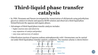  In 1984, Neumann and Sasson investigated the isomerization of allylanisole using polyethylene
glycol as catalyst in toluene and aqueous KOH solution and observed a third-liquid phase
formed between the aqueous and organic phases.
 Advantages of third-liquid phase-transfer catalysis includes:
 higher reaction rates and selectivity
 easy separation of catalyst and product
 easy reuse and recovery of catalyst
 Etherification reaction of aqueous sodium onitrophenoxide with 1-bromoctane can be carried
out under third-liquid phase-transfer catalytic conditions. The reaction scheme is shown below-
22
 