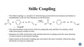 6
 The Stille Coupling is a versatile C-C bond forming reaction between stannanes and halides or
pseudohalides, with very few limitations on the R-groups.
 The main drawback is the toxicity of the tin compounds used, and their low polarity, which
makes them poorly soluble in water.
 Stannanes are stable, but boronic acids and their derivatives undergo much the same chemistry
in what is known as the Suzuki Coupling.
 Improvements in the Suzuki Coupling may soon lead to the same versatility without the safety
drawbacks of using tin compounds.
 