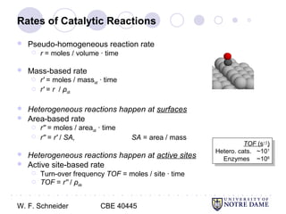 W. F. Schneider CBE 40445
● ○ ● ○ ● ○ ● ○ ● ○ ● ○ ● ○ ● ○ ● ○ ● ○ ● ○ ● ○ ● ○ ● ○ ● ○ ● ○ ● ○ ● ○ ● ○ ● ○ ● ○ ● ○ ● ○ ● ○ ● ○ ● ○ ● ○ ● ○ ●
○
Rates of Catalytic Reactions
 Pseudo-homogeneous reaction rate
 r = moles / volume · time
 Mass-based rate
 r′ = moles / masscat · time
 r′ = r / ρcat
 Heterogeneous reactions happen at surfaces
 Area-based rate
 r′′ = moles / areacat · time
 r′′ = r′ / SA, SA = area / mass
 Heterogeneous reactions happen at active sites
 Active site-based rate
 Turn-over frequency TOF = moles / site · time
 TOF = r′′ / ρsite
TOF (s−1
)
Hetero. cats. ~101
Enzymes ~106
TOF (s−1
)
Hetero. cats. ~101
Enzymes ~106
 