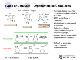 W. F. Schneider CBE 40445
● ○ ● ○ ● ○ ● ○ ● ○ ● ○ ● ○ ● ○ ● ○ ● ○ ● ○ ● ○ ● ○ ● ○ ● ○ ● ○ ● ○ ● ○ ● ○ ● ○ ● ○ ● ○ ● ○ ● ○ ● ○ ● ○ ● ○ ● ○ ●
○
Types of Catalysts – Organometallic Complexes
 Perhaps closest man has
come to mimicking nature’s
success
 2005 Noble Prize in
Chemistry
 Well-defined, metal-based
active sites
 Selective, efficient
manipulation of organic
functional groups
 Various forms, especially for
polymerization catalysis
 Difficult to generalize
beyond organic
transformations
Polymerization:
Termination:
 