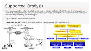  It is a material, usually a solid with a high surface area, to which a catalyst is affixed. The activity of heterogeneous
catalysts & nano material-based catalysts occur at the surface atoms. Great efforts is made to maximize the surface area
of a catalyst by distributing it over the support.
 E.g. of support- Carbon, alumina and silica.
 Preparation method: 2 type of method are employed (a) Impregnation (b) Co-precipitation
Supported Catalysis
 