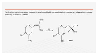 COOH
NHAc
OCH3
OAc
OCH3
OAc
COOH
NHAcH
H2
L-dopa
Catalyst is prepared by reacting Rh salt with an alkene chloride, such as hexadiene chloride or cyclooctadiene chloride,
producing a cationic Rh species.
 