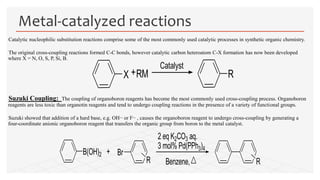 Catalytic nucleophilic substitution reactions comprise some of the most commonly used catalytic processes in synthetic organic chemistry.
The original cross-coupling reactions formed C-C bonds, however catalytic carbon heteroatom C-X formation has now been developed
where X = N, O, S, P, Si, B.
Suzuki Coupling: The coupling of organoboron reagents has become the most commonly used cross-coupling process. Organoboron
reagents are less toxic than organotin reagents and tend to undergo coupling reactions in the presence of a variety of functional groups.
Suzuki showed that addition of a hard base, e.g. OH− or F− , causes the organoboron reagent to undergo cross-coupling by generating a
four-coordinate anionic organoboron reagent that transfers the organic group from boron to the metal catalyst.
Metal-catalyzed reactions
X R+RM
Catalyst
B(OH)2 Br
R R
2 eq K2CO3 aq.
3 mol% Pd(PPh3)4
Benzene,
+
 
